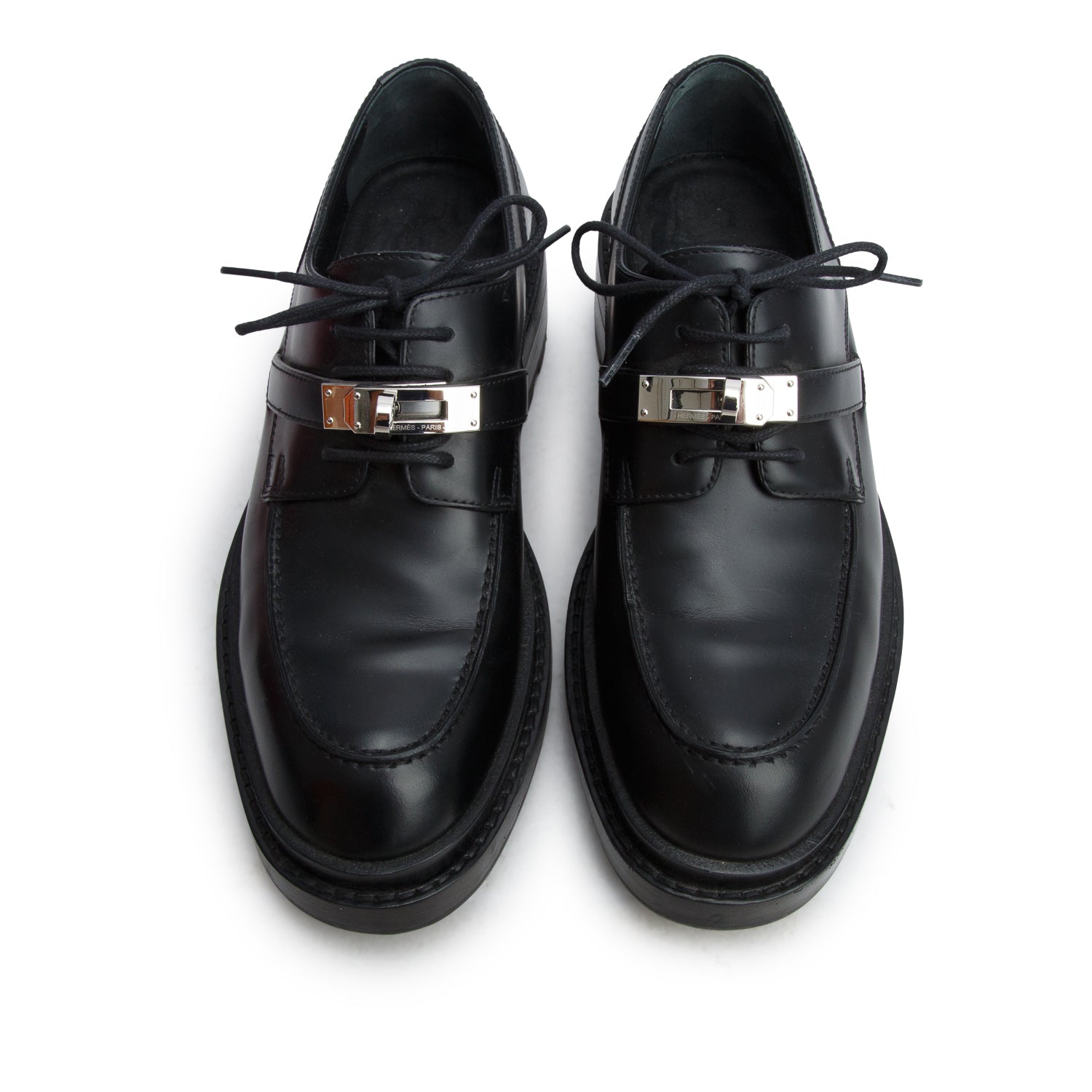 Hermes Noir Veau Glace Richelieu Derby First Oxfords, Women's Size 36.5