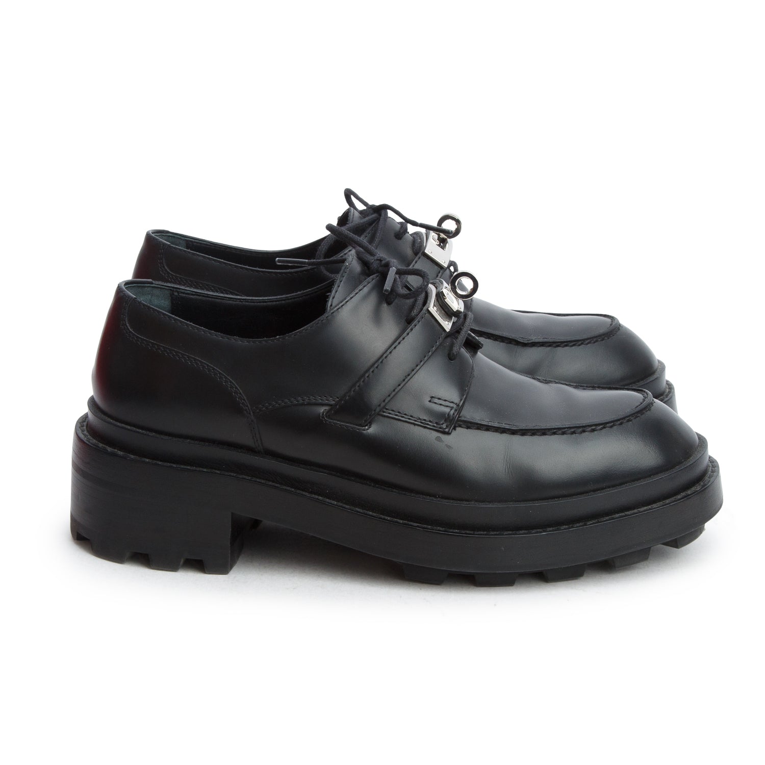 Hermes Noir Veau Glace Richelieu Derby First Oxfords, Women's Size 36.5