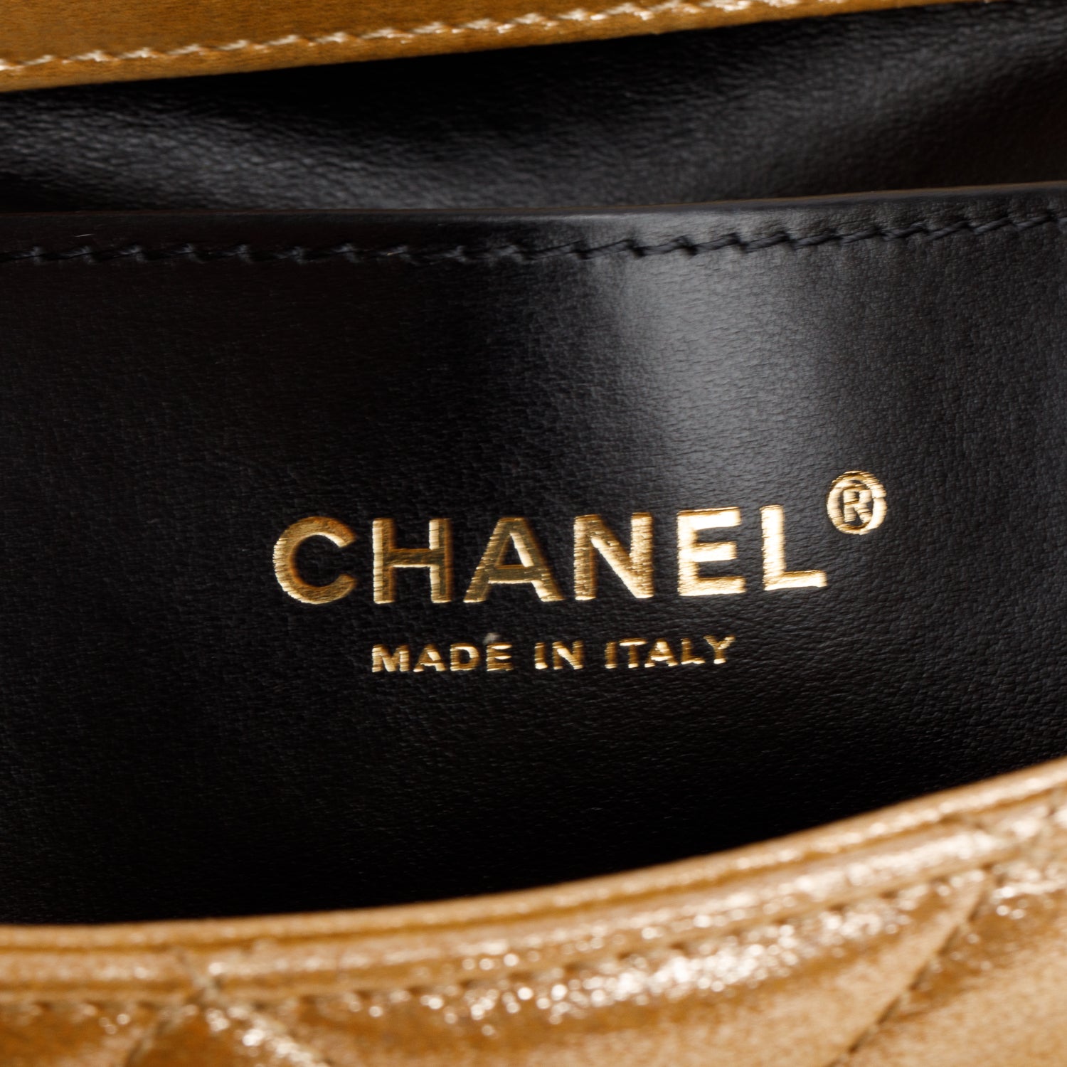 Chanel 2024 Metallic Gold Lambskin Quilted Mini CC Crystal Logo Chain Flap w/ Box & Receipt