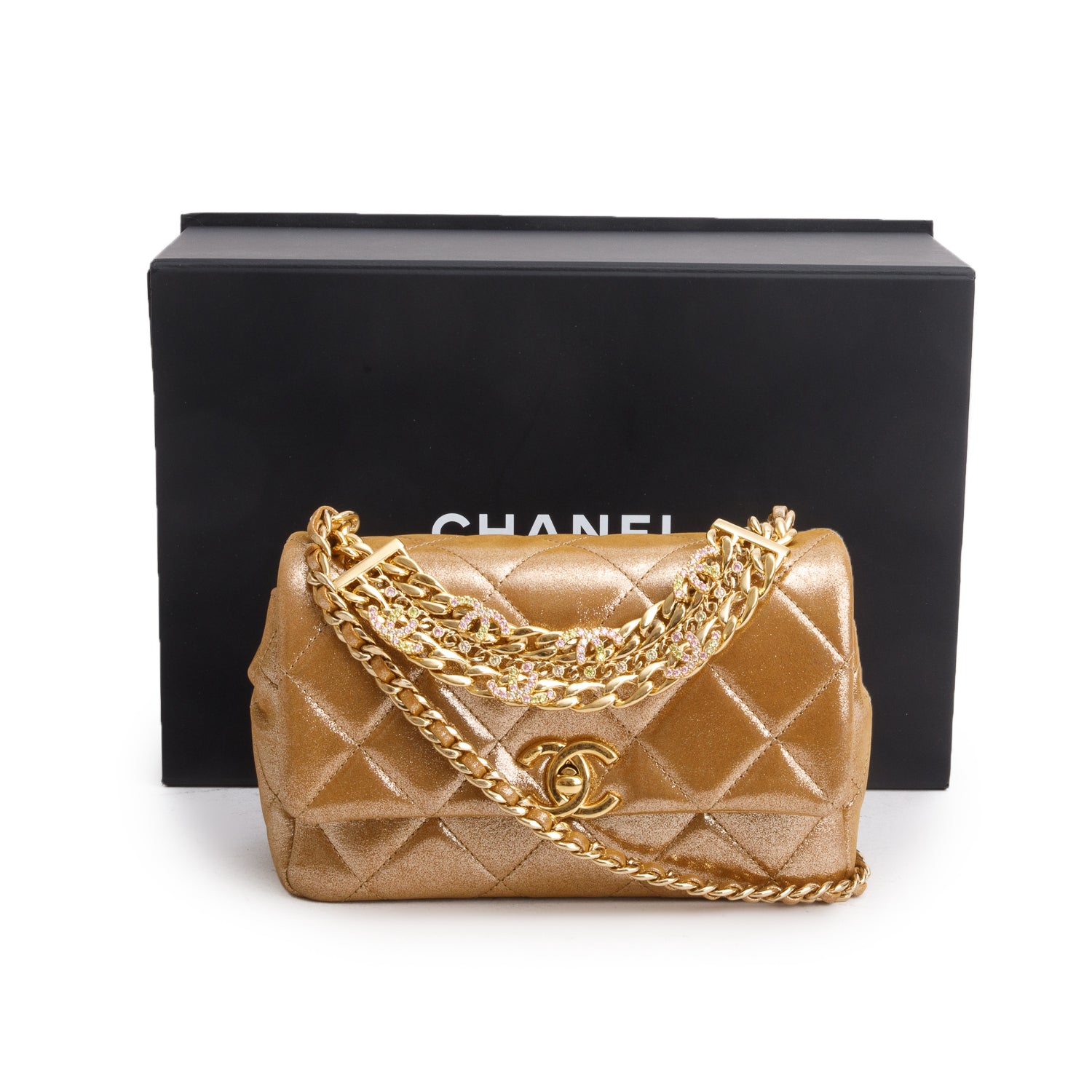 Chanel 2024 Metallic Gold Lambskin Quilted Mini CC Crystal Logo Chain Flap w/ Box & Receipt