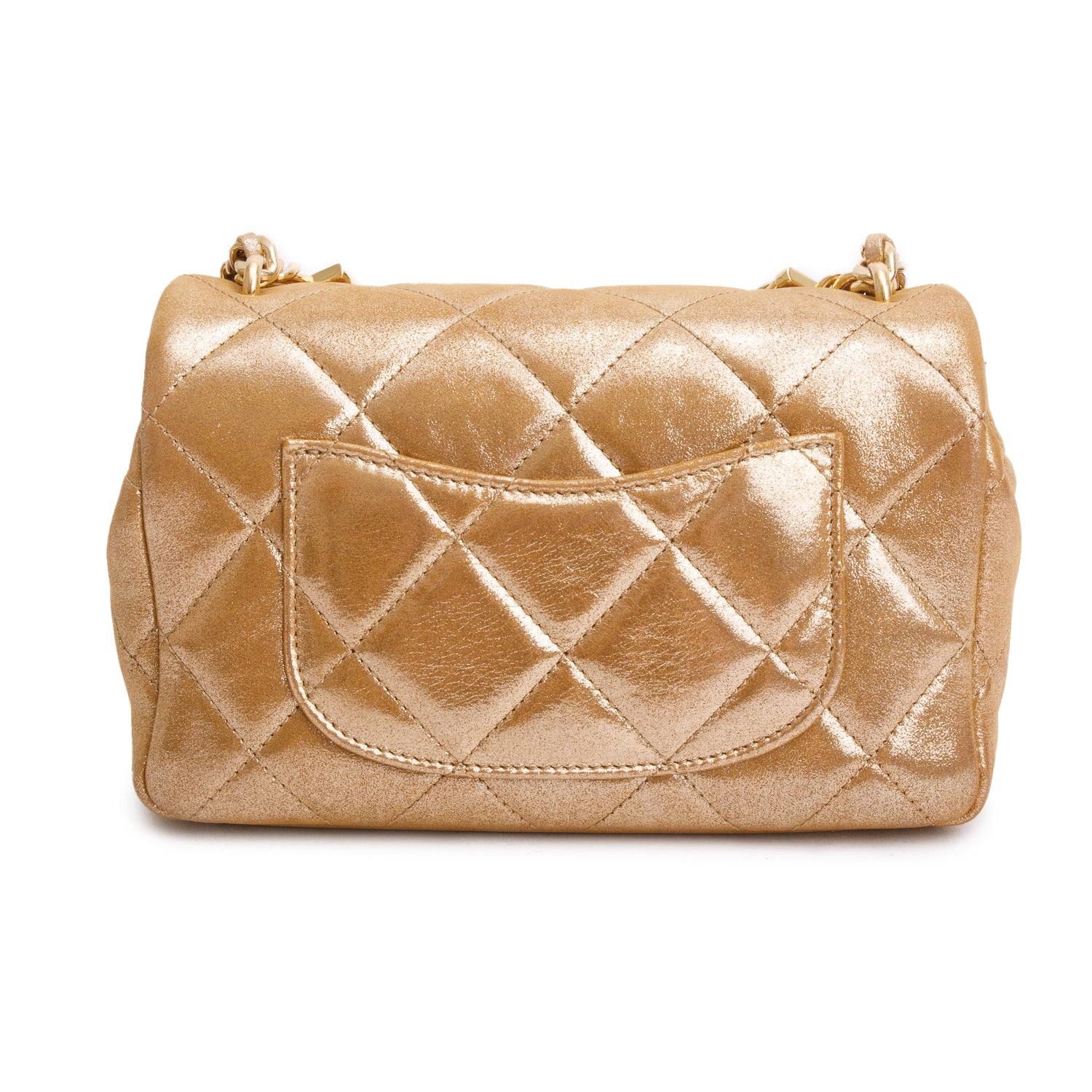 Chanel 2024 Metallic Gold Lambskin Quilted Mini CC Crystal Logo Chain Flap w/ Box & Receipt