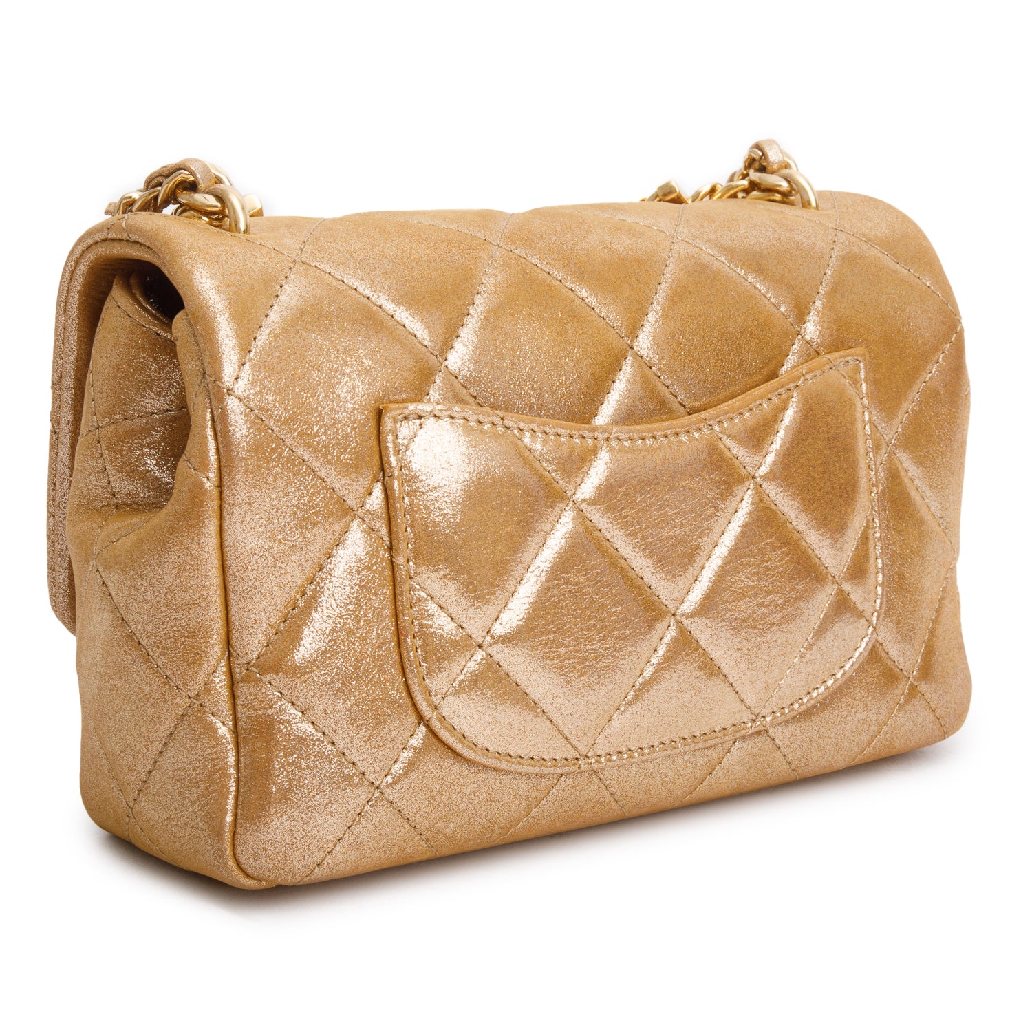 Chanel 2024 Metallic Gold Lambskin Quilted Mini CC Crystal Logo Chain Flap w/ Box & Receipt