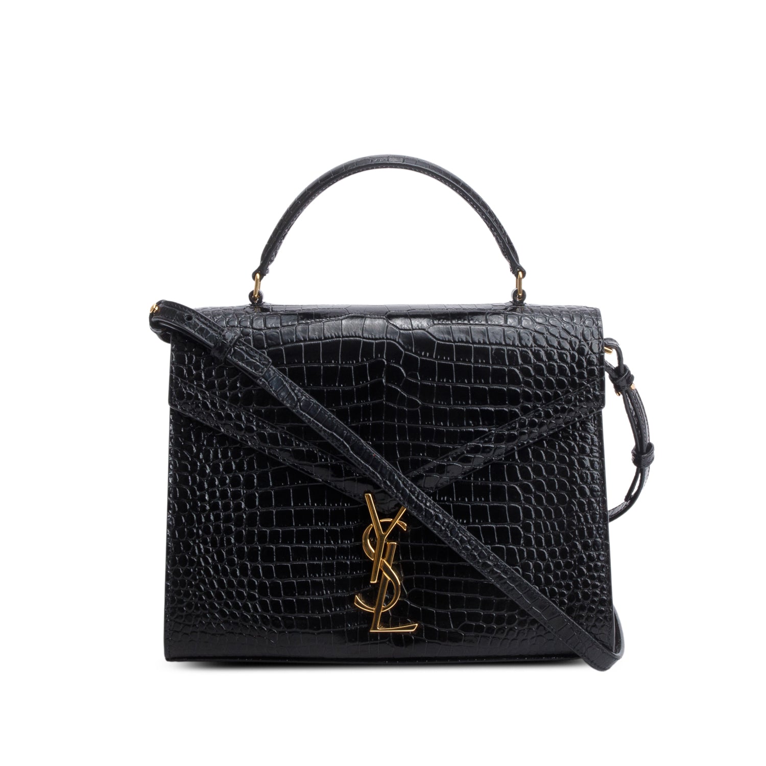 Saint Laurent 2022 Black Calfskin Crocodile Embossed Medium Classic Monogram Cassandra Top Handle w/ Box, Receipt & Strap