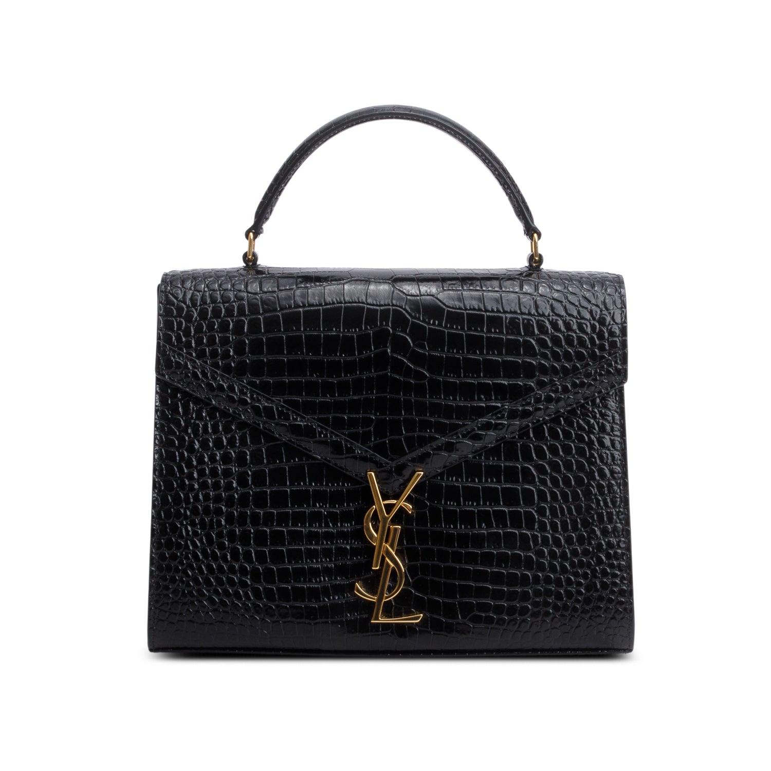 Saint Laurent 2022 Black Calfskin Crocodile Embossed Medium Classic Monogram Cassandra Top Handle w/ Box, Receipt & Strap