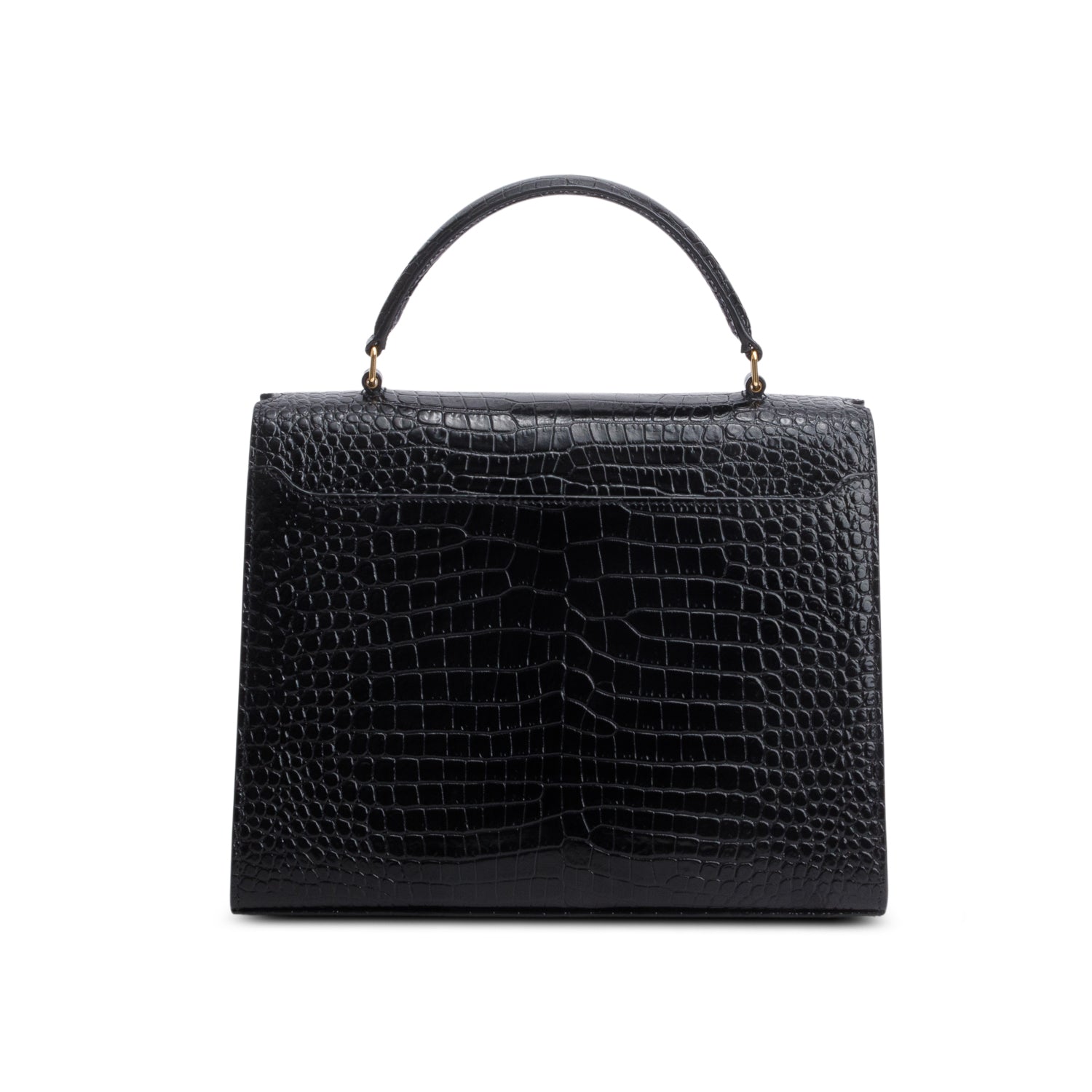 Saint Laurent 2022 Black Calfskin Crocodile Embossed Medium Classic Monogram Cassandra Top Handle w/ Box, Receipt & Strap