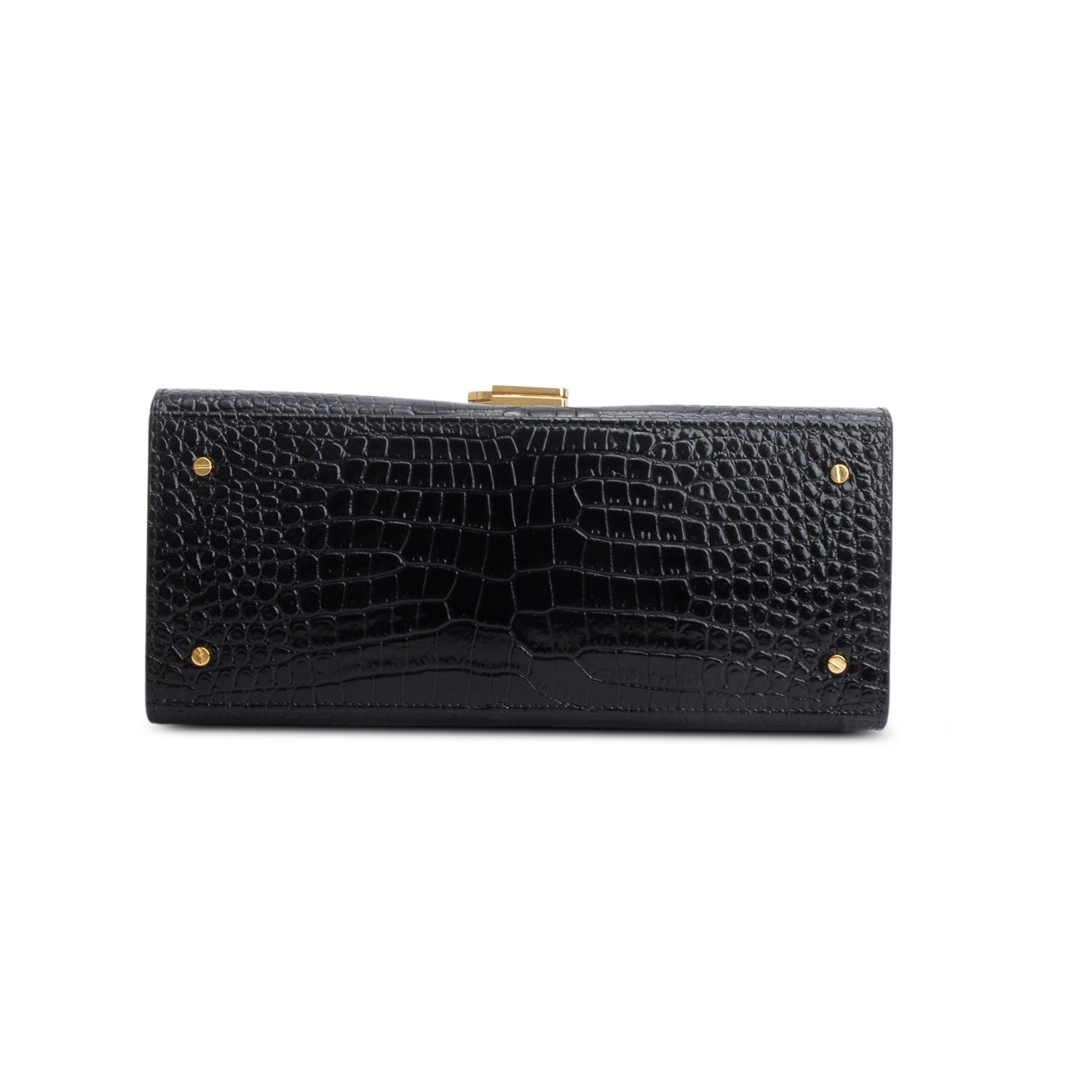 Saint Laurent 2022 Black Calfskin Crocodile Embossed Medium Classic Monogram Cassandra Top Handle w/ Box, Receipt & Strap