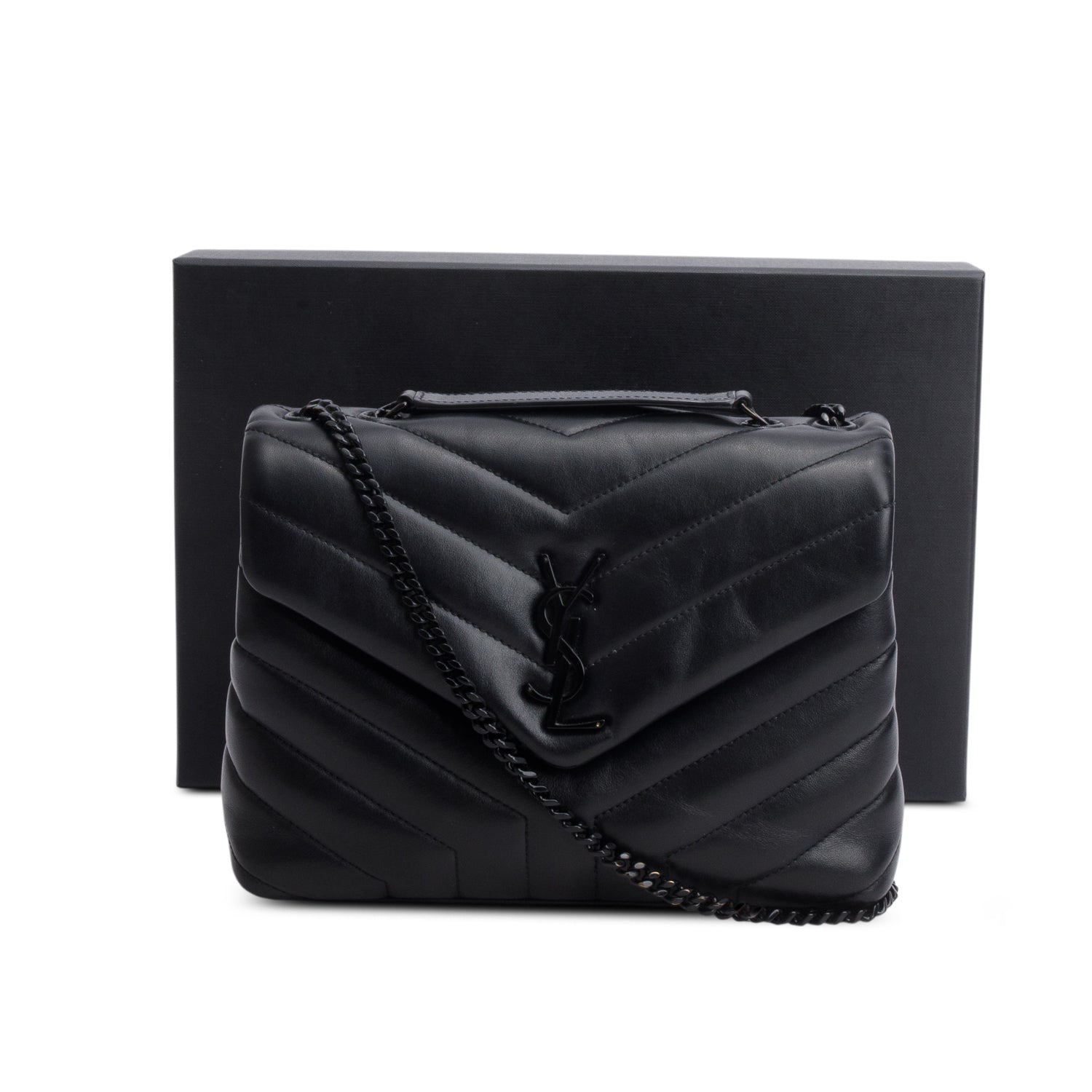 Saint Laurent 2021 Black Calfskin Y Quilted Monogram Monochrome Small Loulou Chain Satchel w/ Box