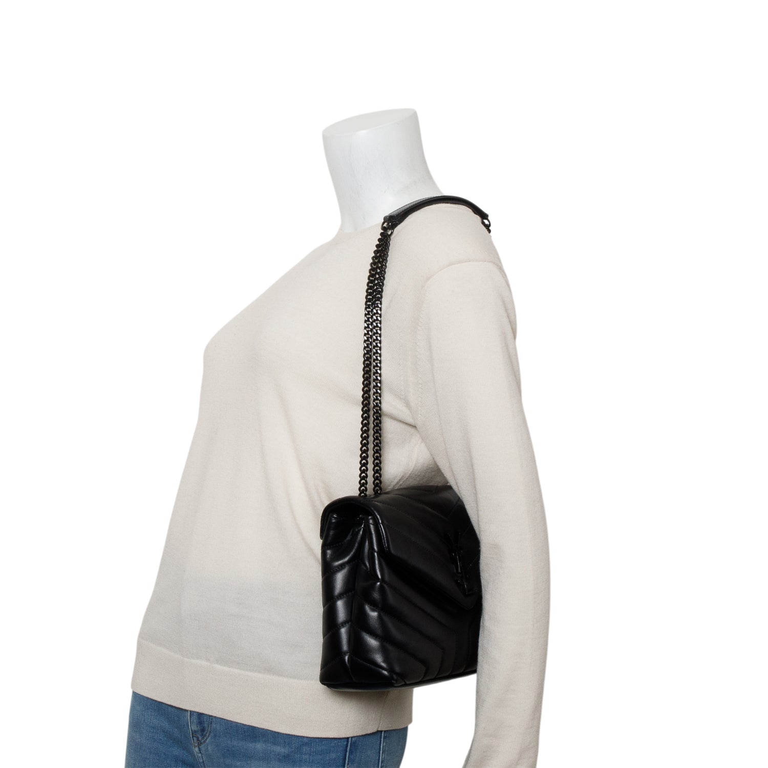Saint Laurent 2021 Black Calfskin Y Quilted Monogram Monochrome Small Loulou Chain Satchel w/ Box