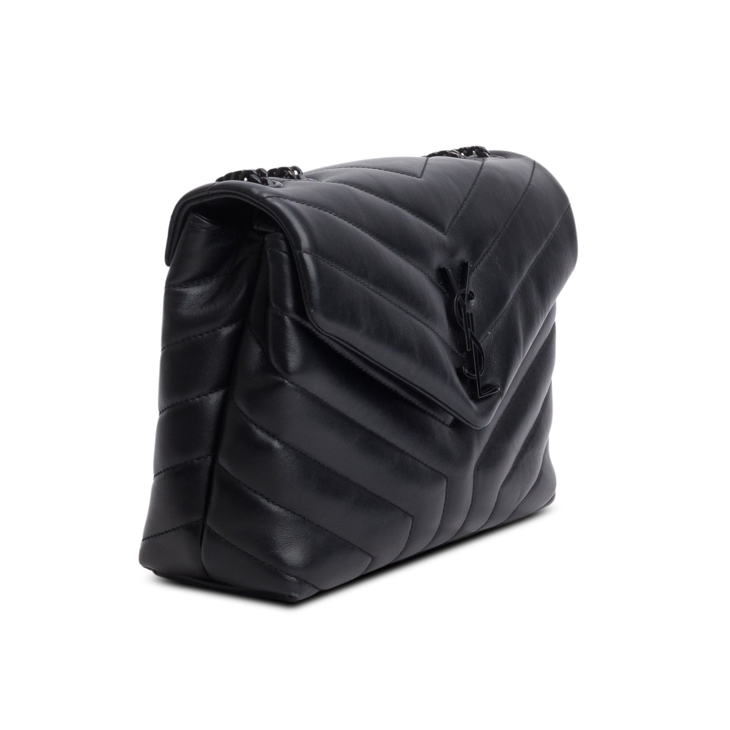 Saint Laurent 2021 Black Calfskin Y Quilted Monogram Monochrome Small Loulou Chain Satchel w/ Box