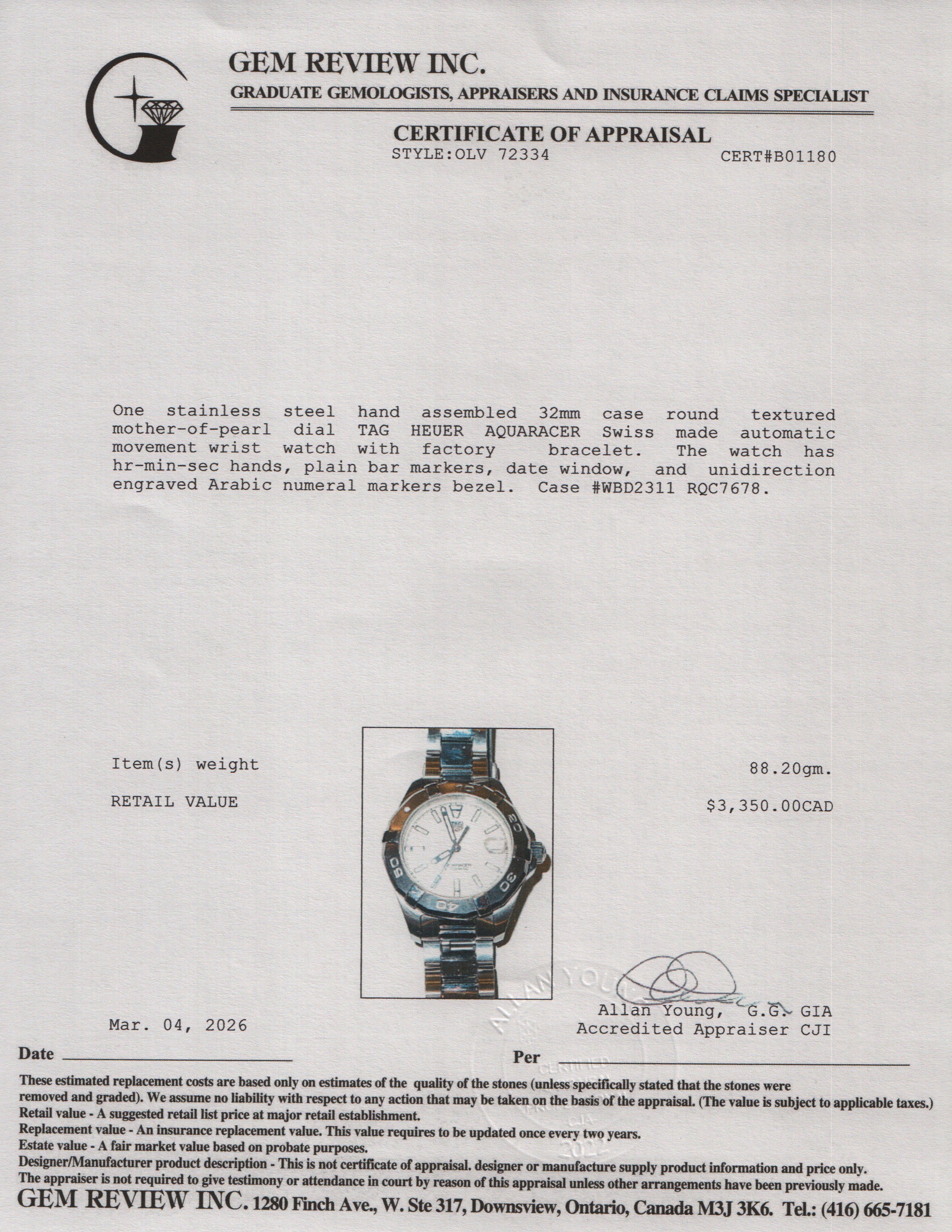 Tag Heuer 2022 Stainless Steel Aquaracer 32 MM Quartz Watch Mother of Pearl Dial WBD2311 w/ Box & Papers
