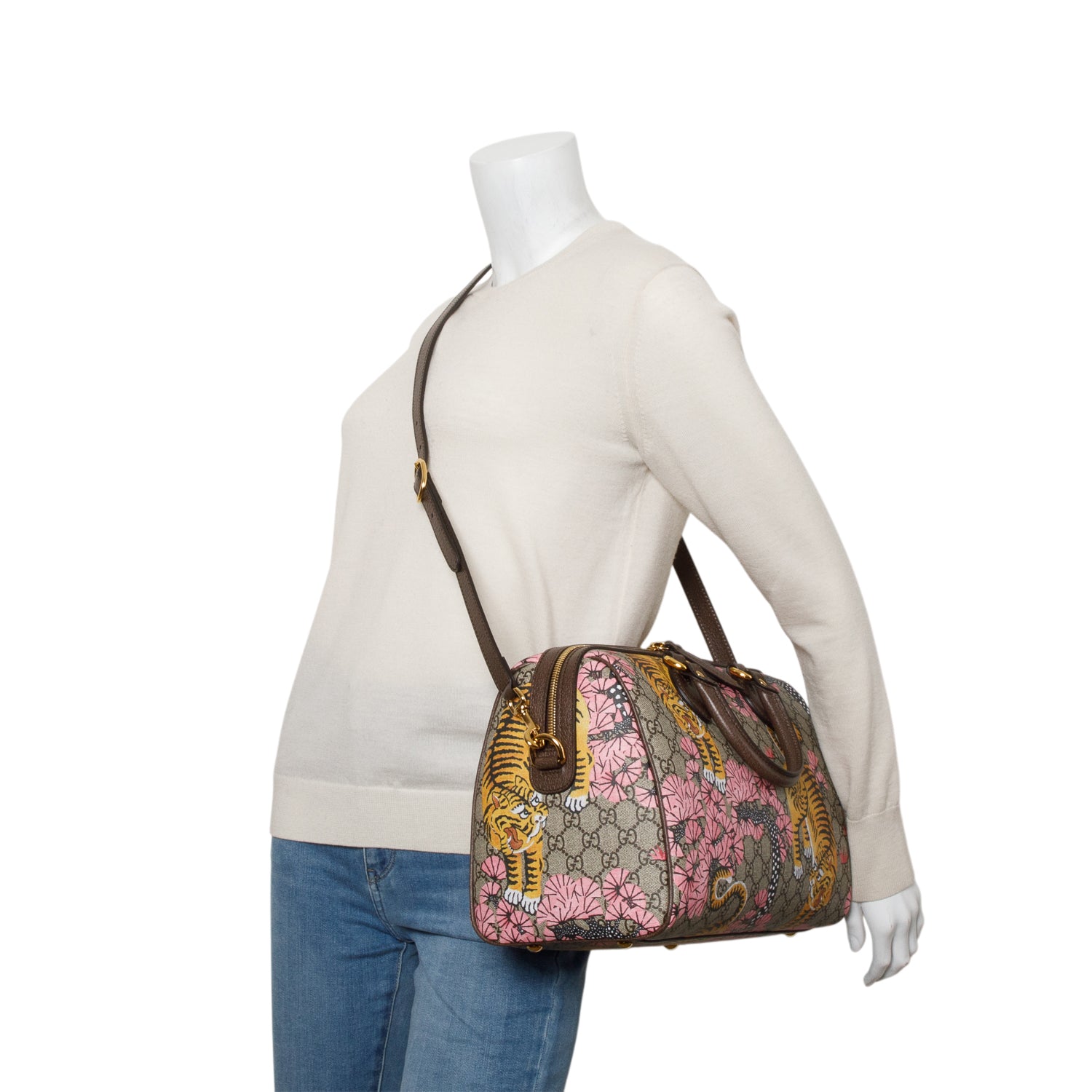 Gucci GG Supreme Monogram Bengal Web Medium Boston Bag w/ Strap