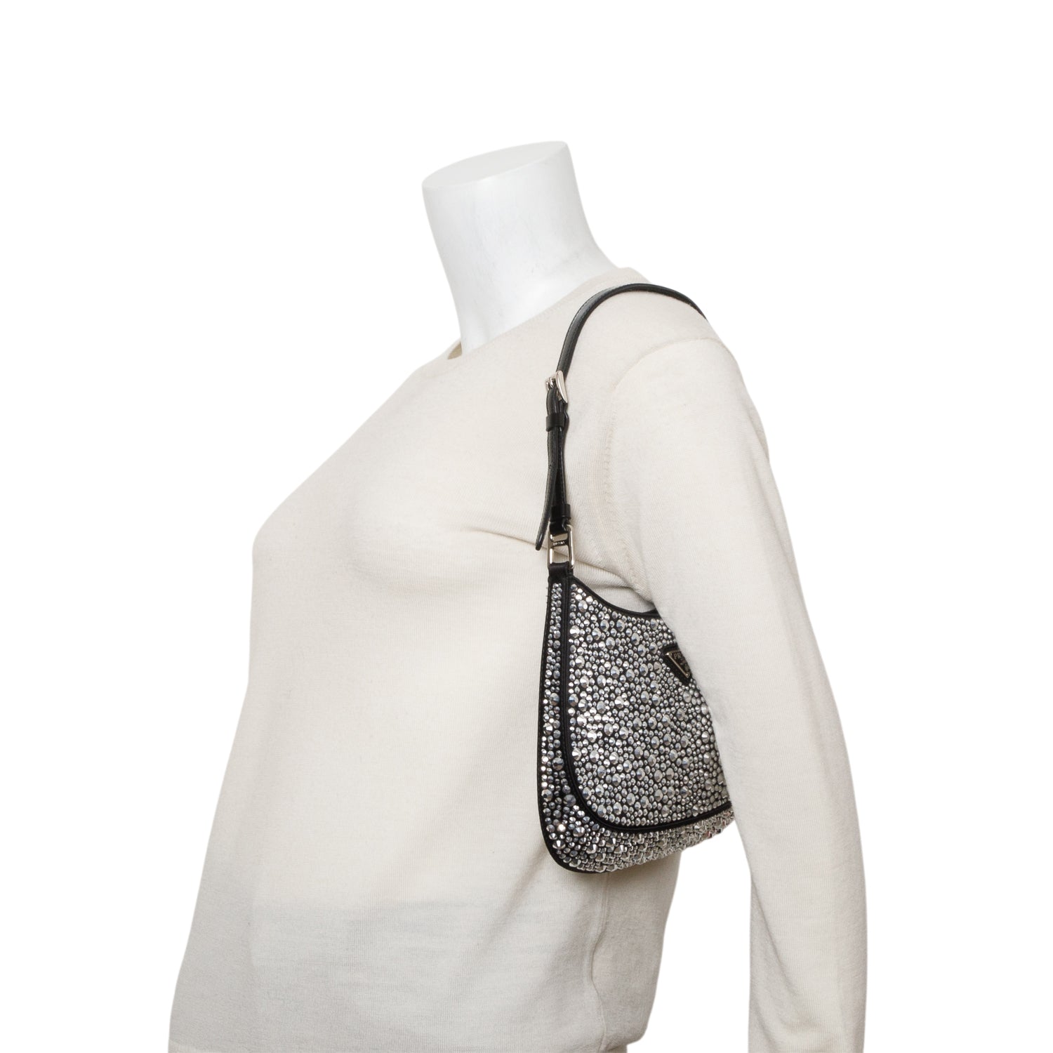 Prada Black Satin Crystal Cleo Adjustable Strap Shoulder Bag