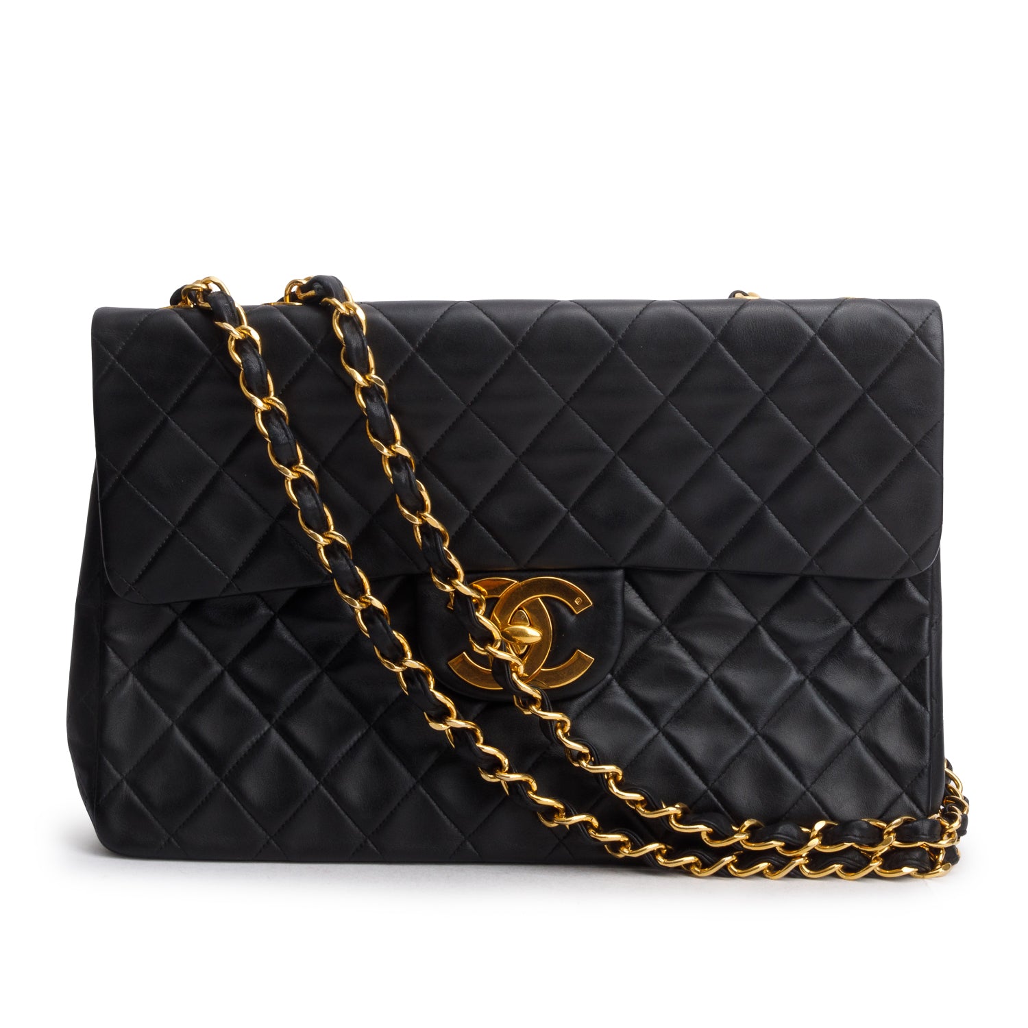 Chanel Vintage Black Lambskin Quilted XL Jumbo Single Flap Bag