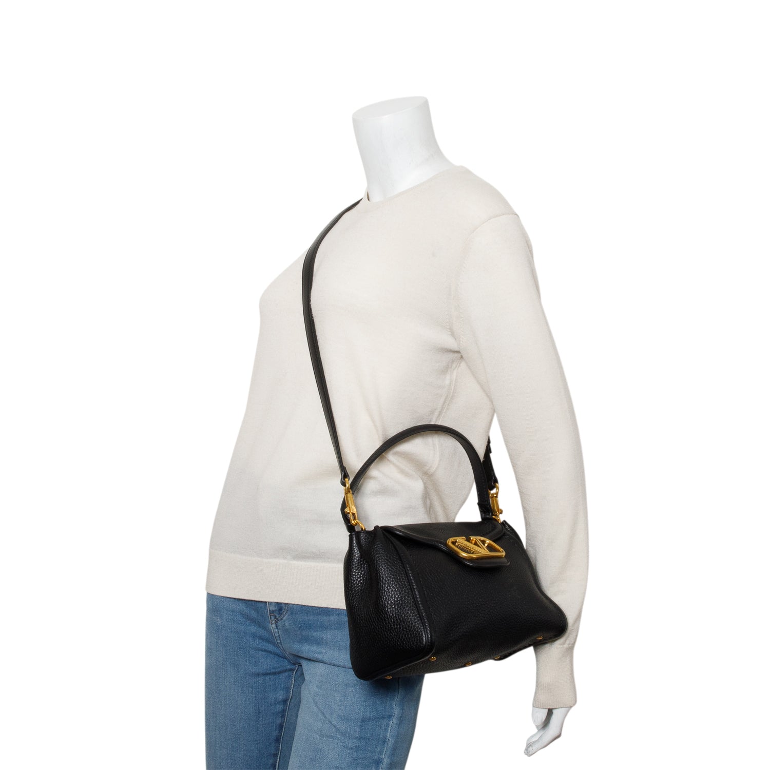 Valentino Black Grainy Calfskin VLogo All Time Small Top Handle Bag w/ Strap