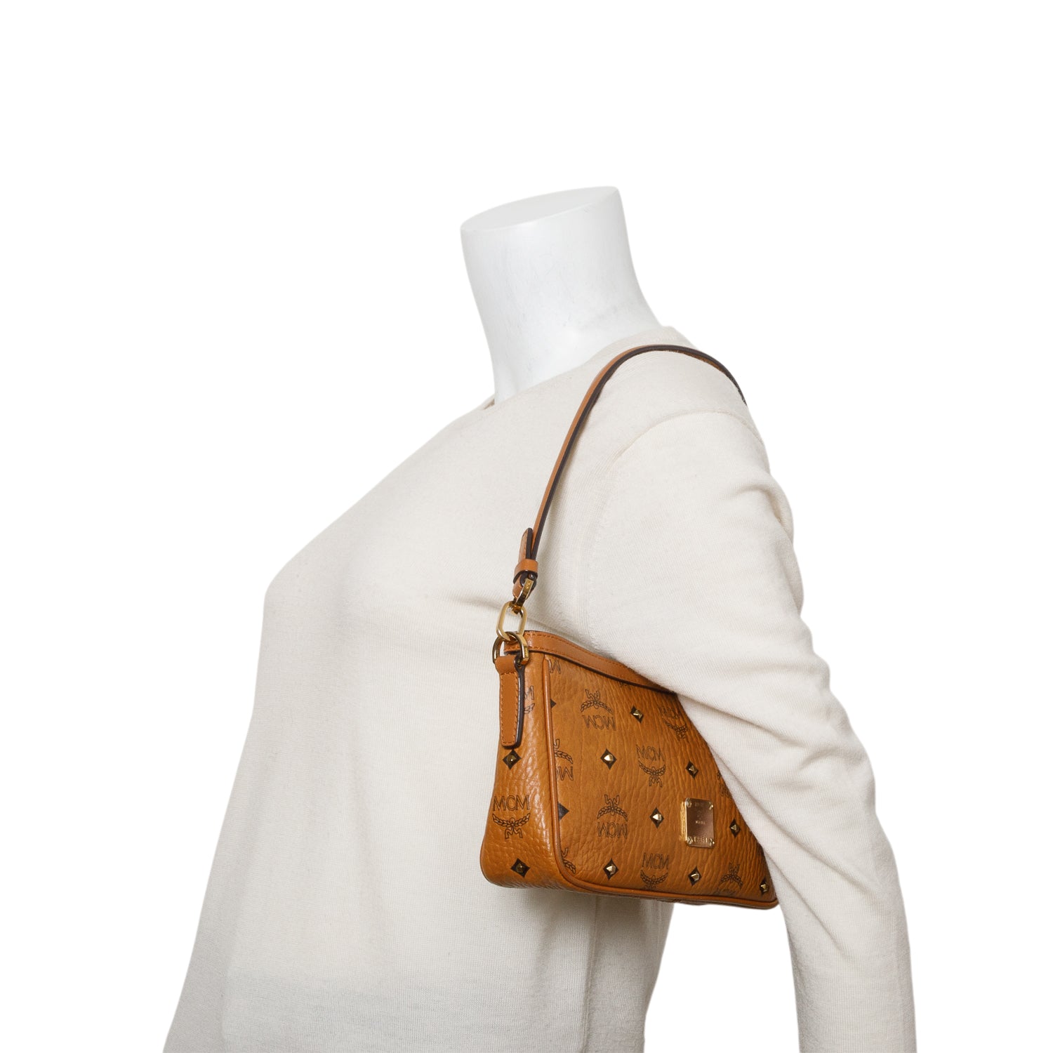 MCM Brown Visetos Small Stud Shoulder Bag