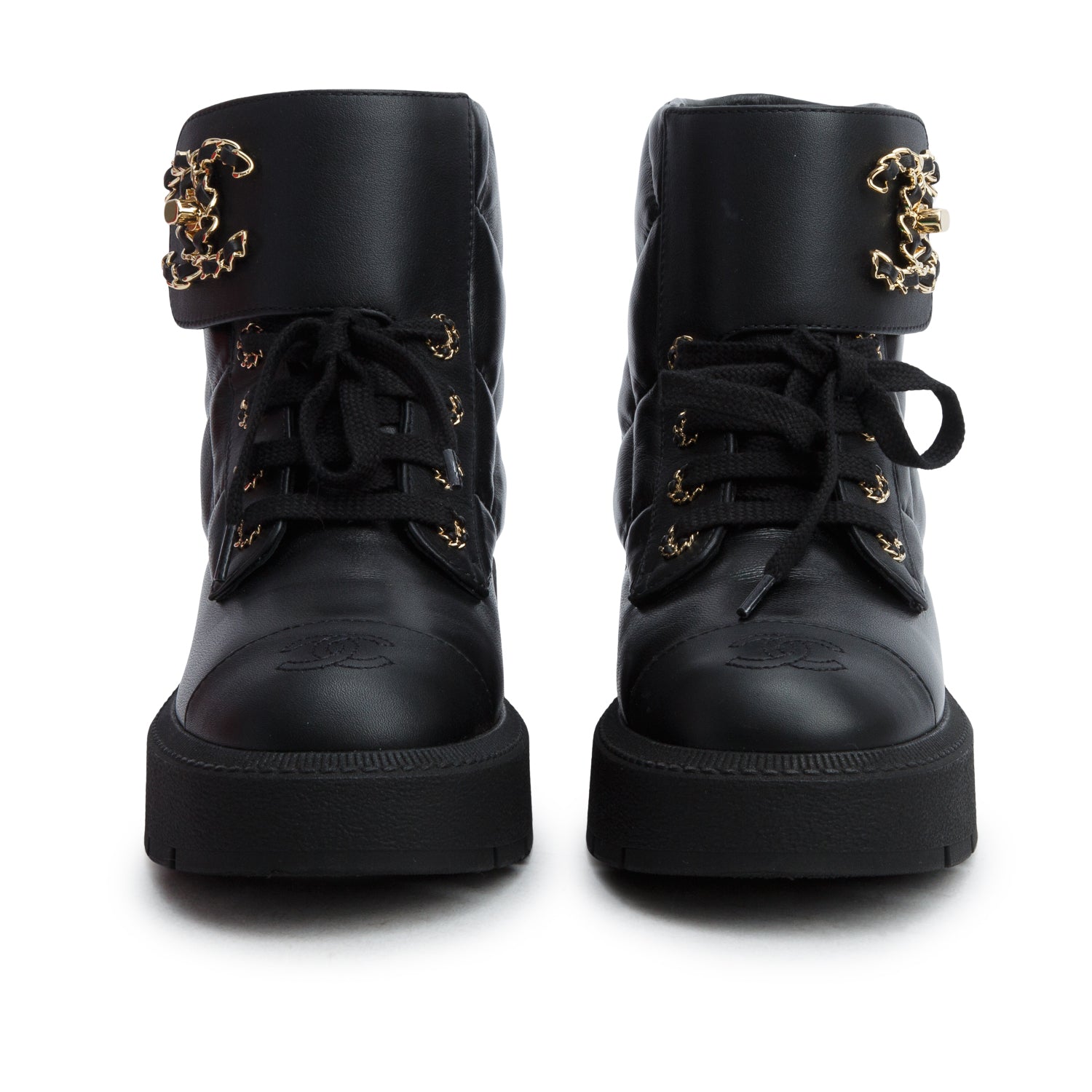 Chanel Black Lambskin Calfskin Quilted Lace Up Combat Boots, Women's Size 36 w/ Box