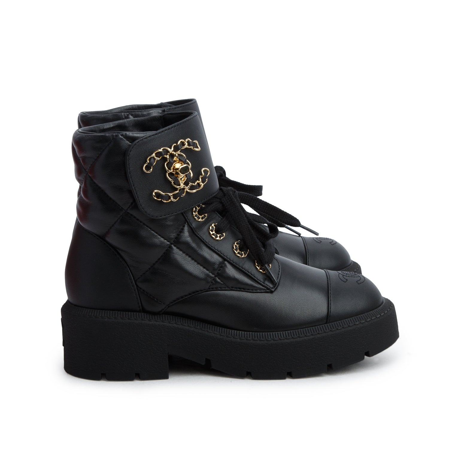 Chanel Black Lambskin Calfskin Quilted Lace Up Combat Boots, Women's Size 36 w/ Box
