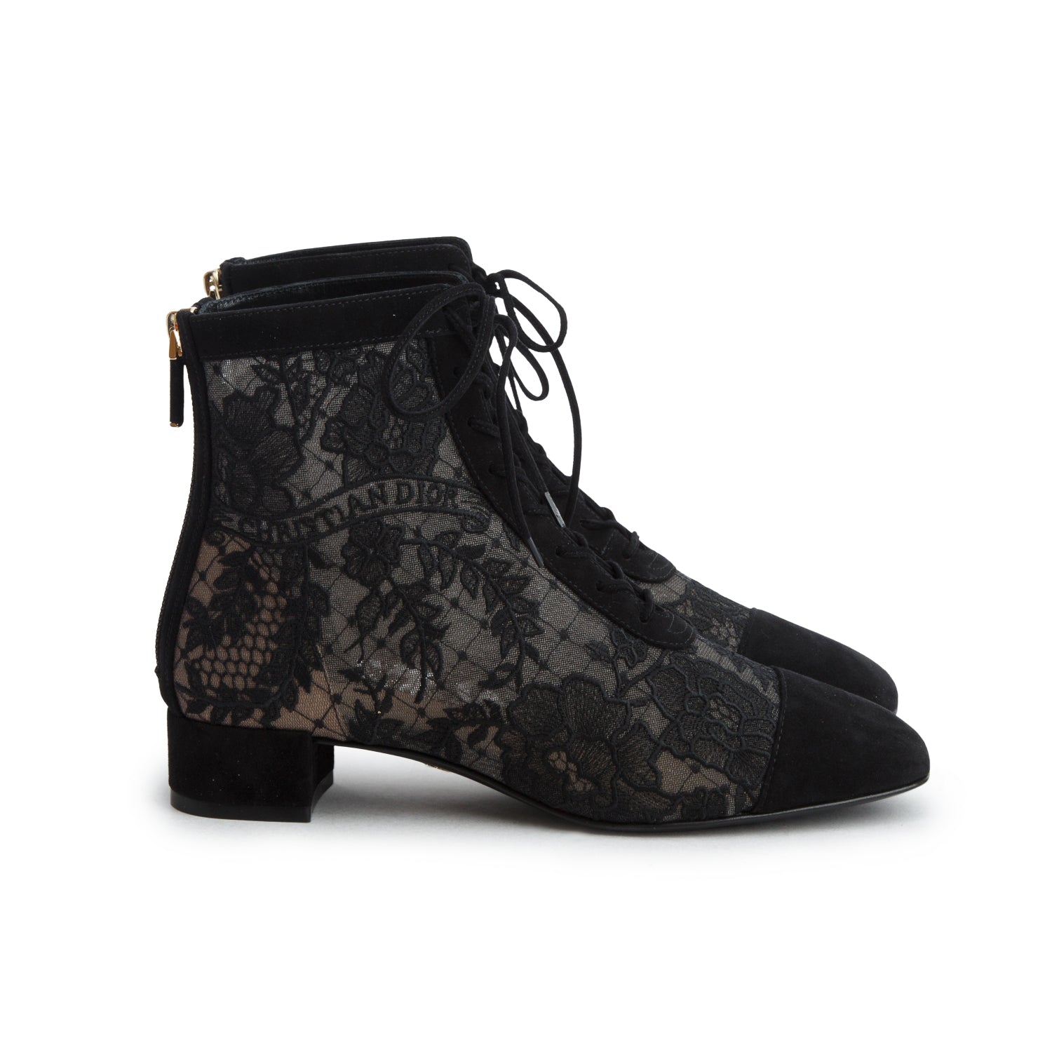 Christian Dior 2023 Black Suede Transparent Mesh Embroidered Roses Naughtily-D Heeled Lace Up Ankle Boots, Women's Size 36 w/ Box