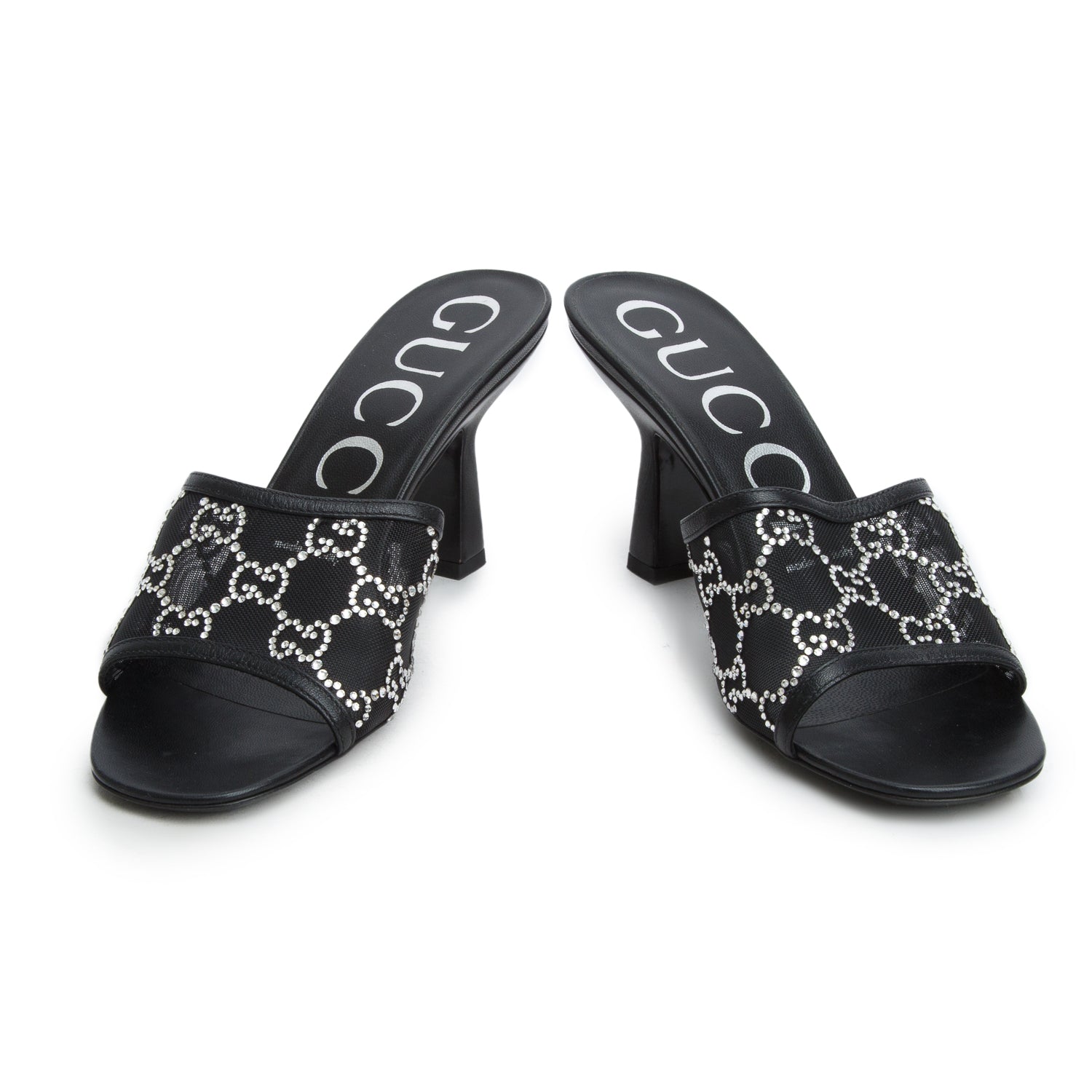 Gucci Black Tela Retino Kid Scamosciato Crystal GG Monogram Square Demi Mule Sandals, Women's Size 37