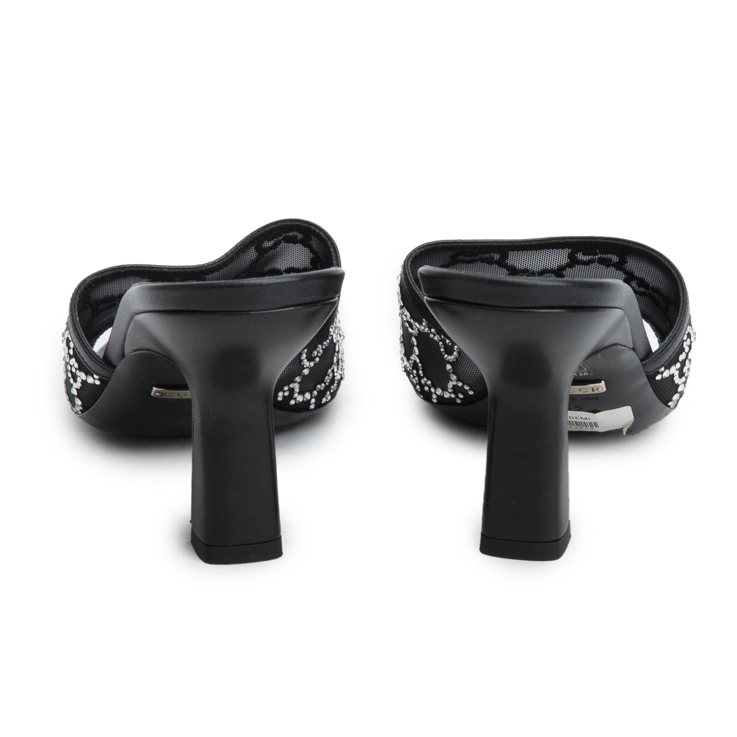 Gucci Black Tela Retino Kid Scamosciato Crystal GG Monogram Square Demi Mule Sandals, Women's Size 37
