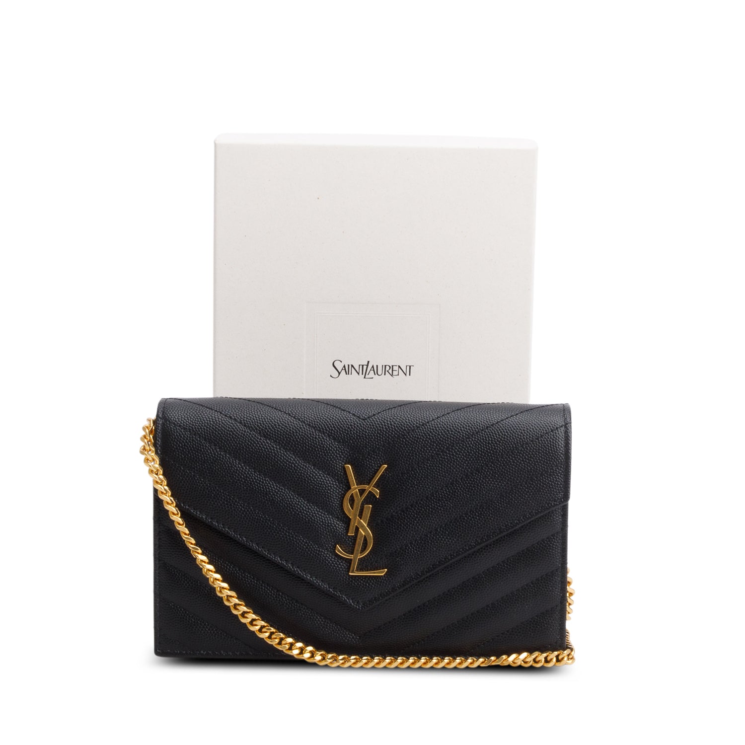 Saint Laurent 2024 Black Grain de Poudre Matelasse Chevron Monogram Chain Wallet w/ Box & Receipt