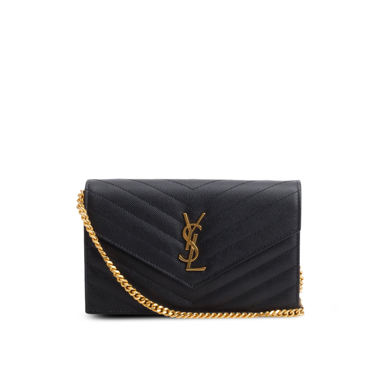 Saint Laurent 2024 Black Grain de Poudre Matelasse Chevron Monogram Chain Wallet w/ Box & Receipt