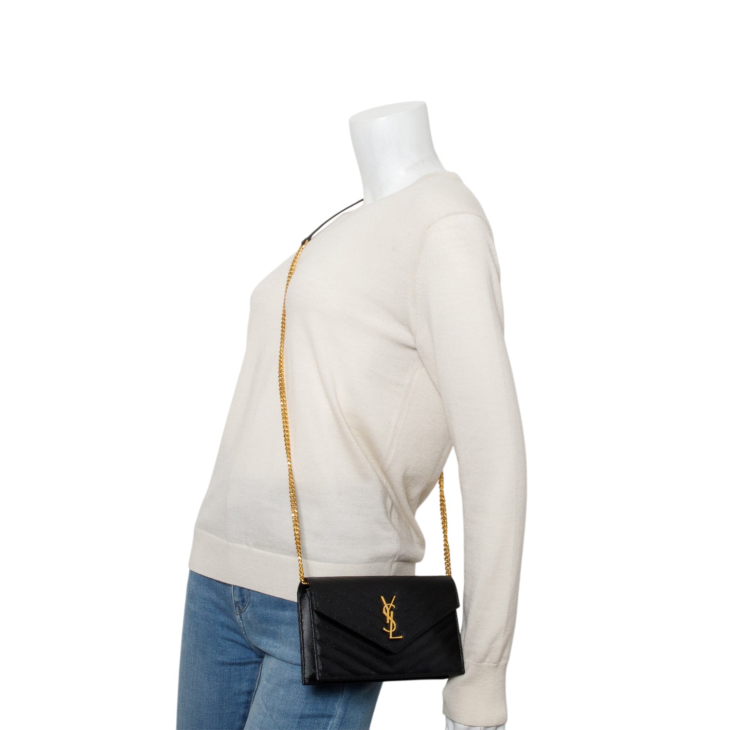 Saint Laurent 2024 Black Grain de Poudre Matelasse Chevron Monogram Chain Wallet w/ Box & Receipt
