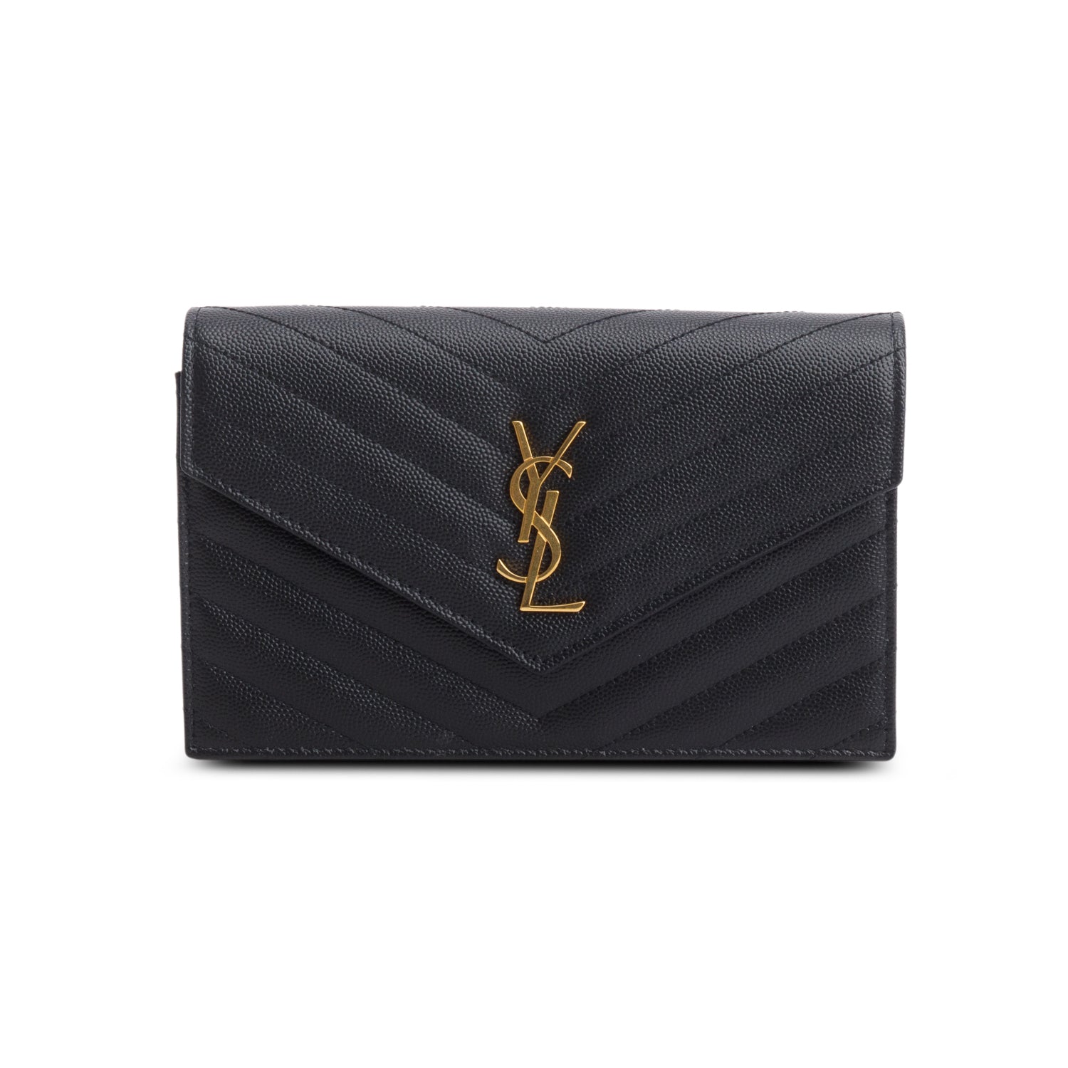 Saint Laurent 2024 Black Grain de Poudre Matelasse Chevron Monogram Chain Wallet w/ Box & Receipt
