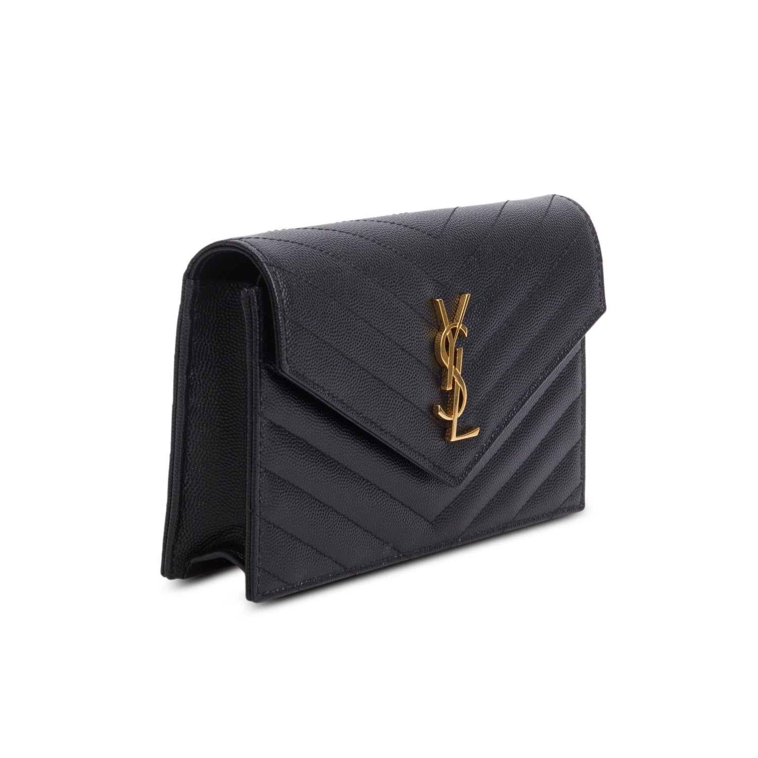 Saint Laurent 2024 Black Grain de Poudre Matelasse Chevron Monogram Chain Wallet w/ Box & Receipt