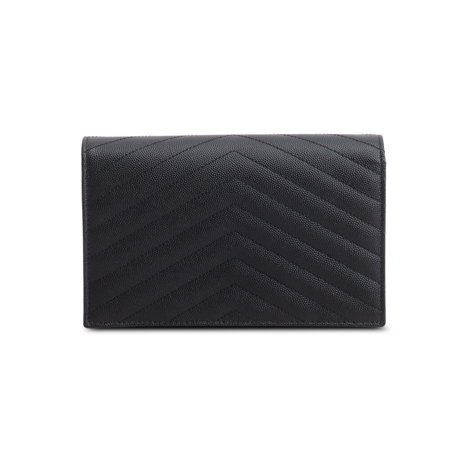 Saint Laurent 2024 Black Grain de Poudre Matelasse Chevron Monogram Chain Wallet w/ Box & Receipt