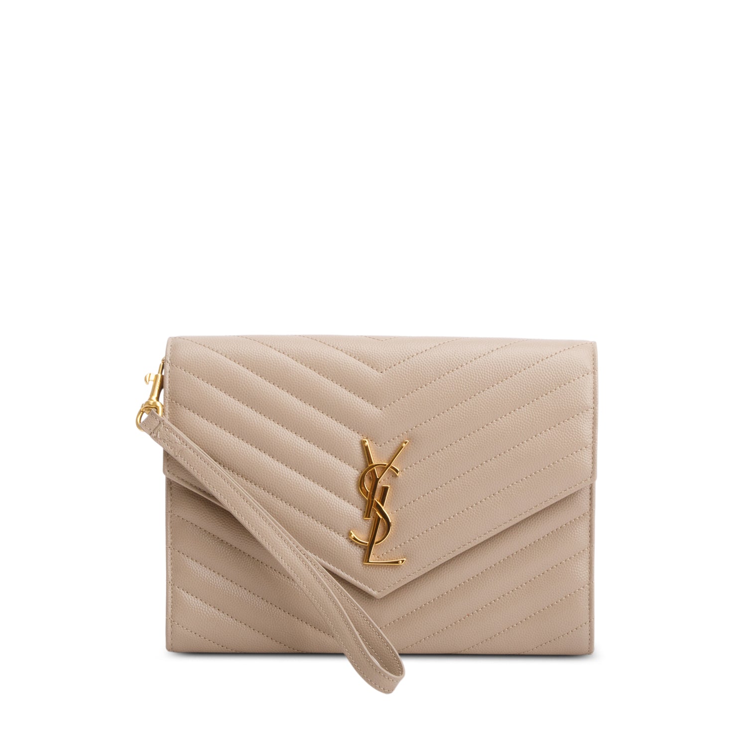 Saint Laurent 2021 Beige Grain de Poudre Matelasse Leather Cassandre Flap Wristlet Pouch w/ Box