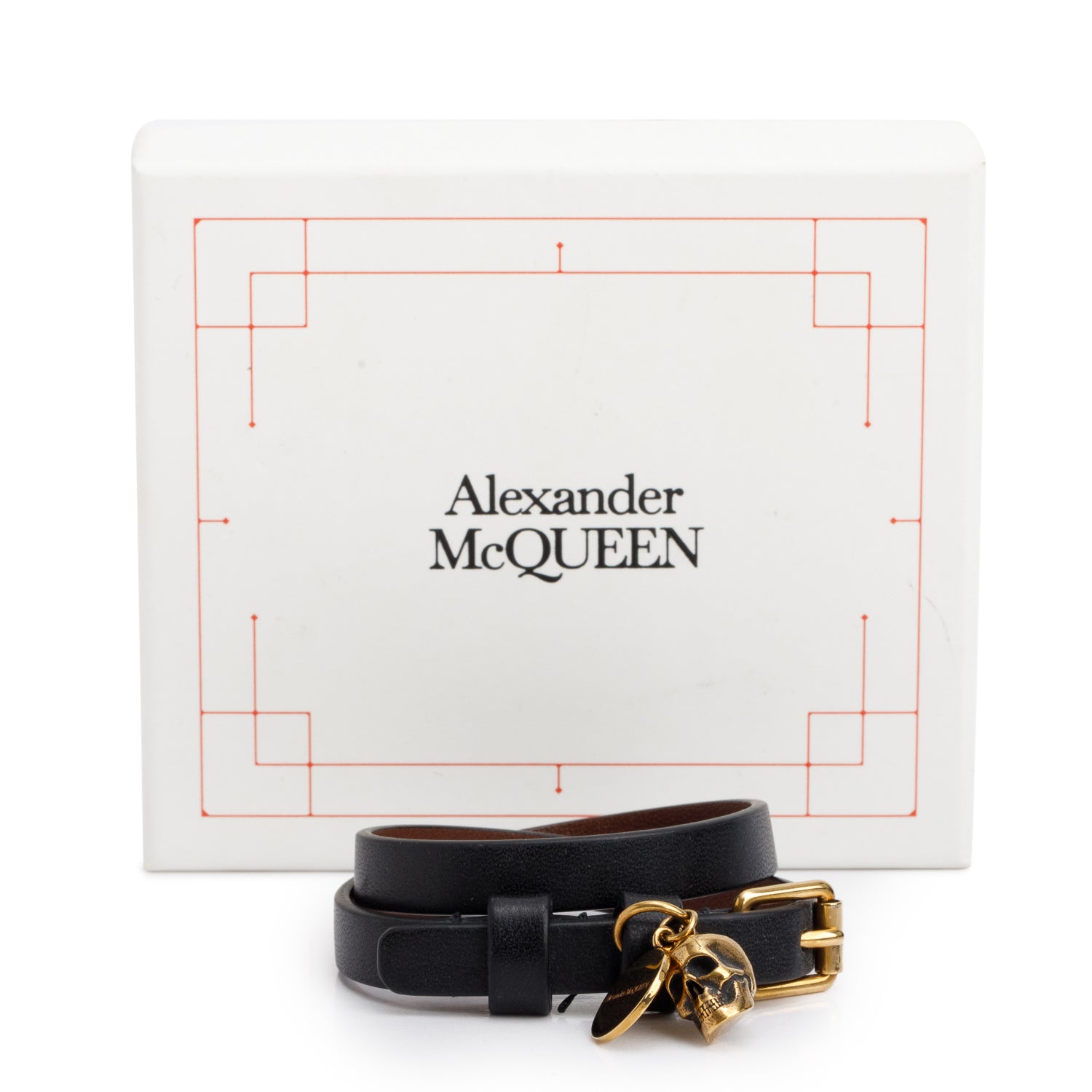 Alexander Mcqueen Gold Plated Black Leather Skull Double Wrap Bracelet w/ Box