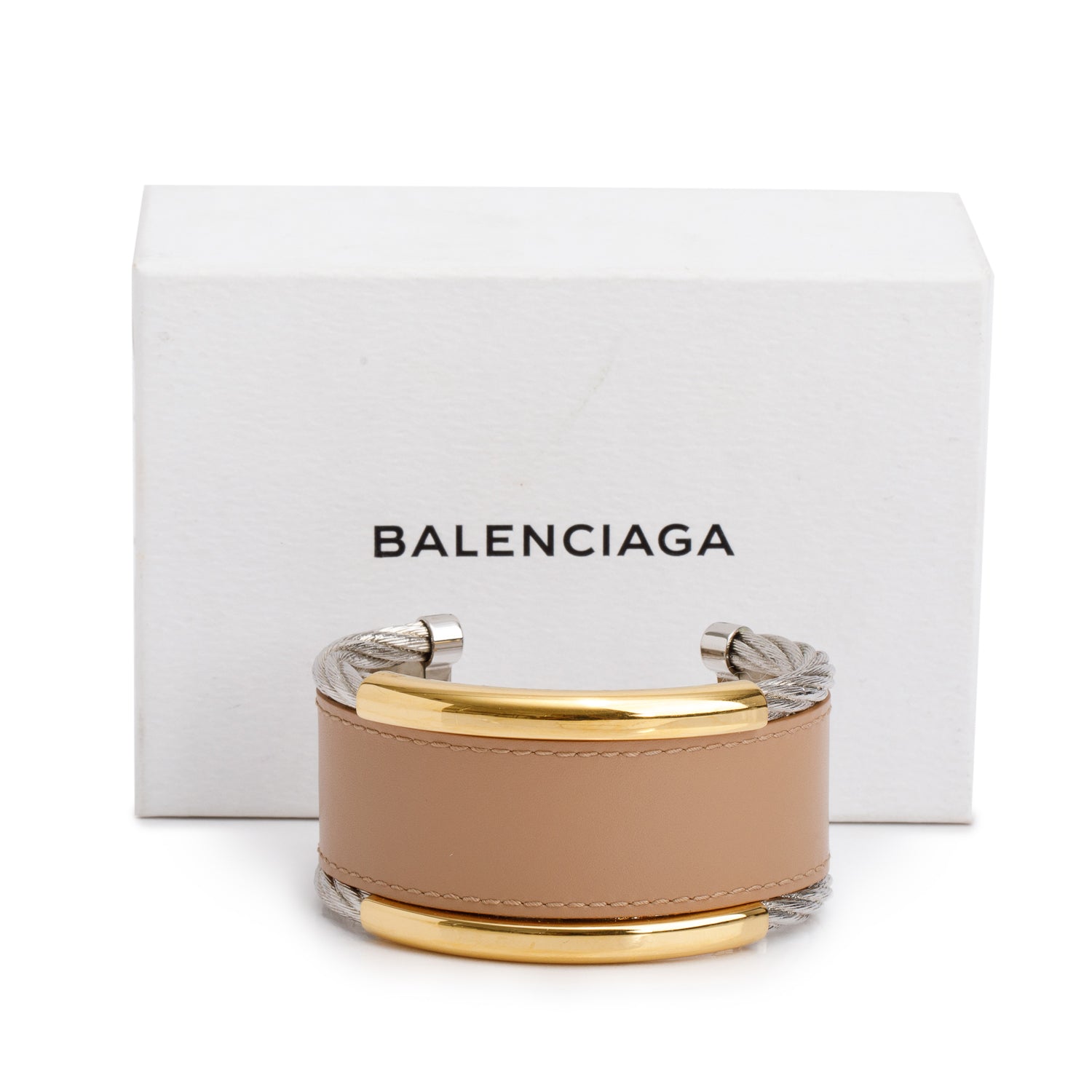 Balenciaga Two Tone Metal Nude Leather Cable Wide Cuff Bracelet w/ Box