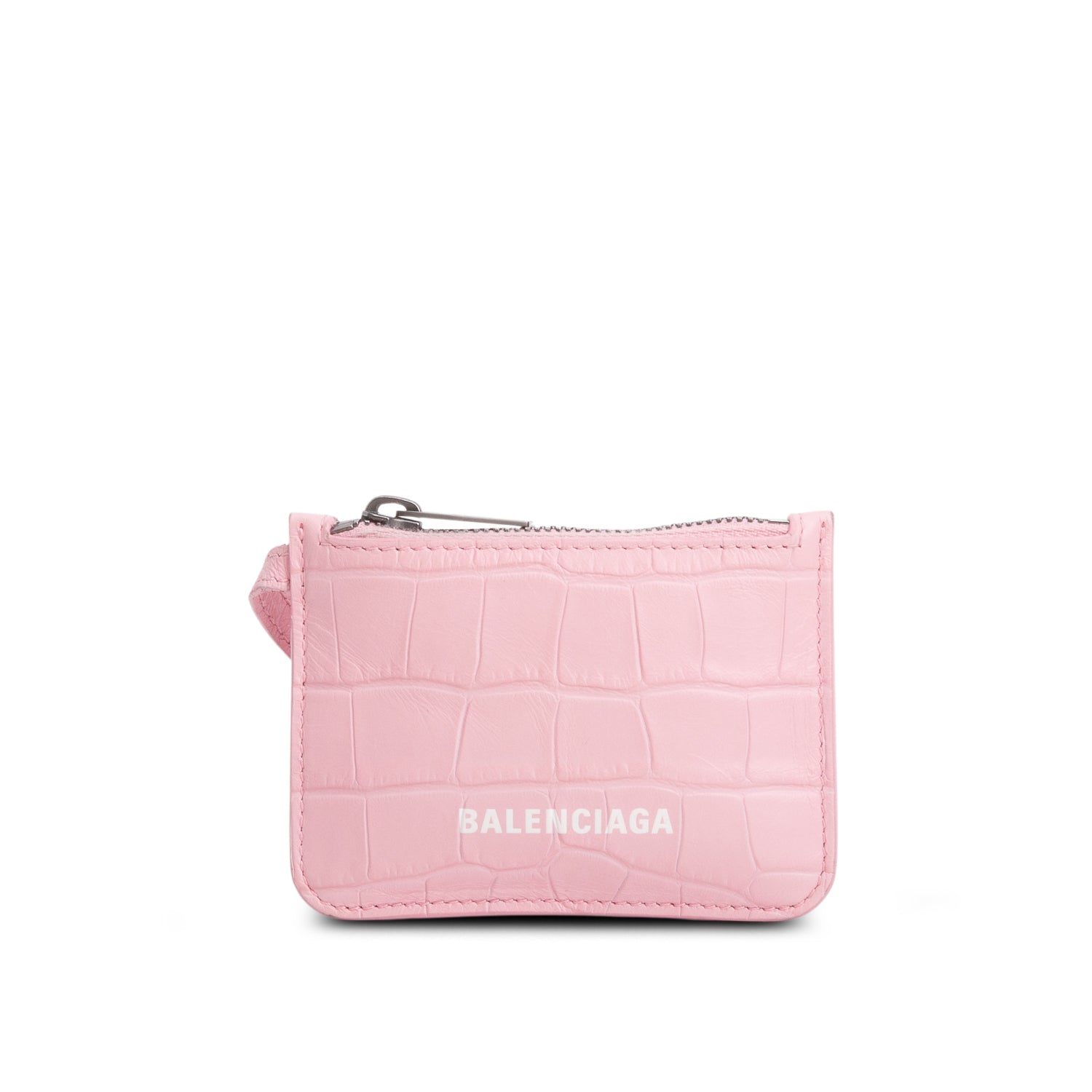 Balenciaga Pink Calfskin Logo Croc Embossed Cash Long Coin Card Holder
