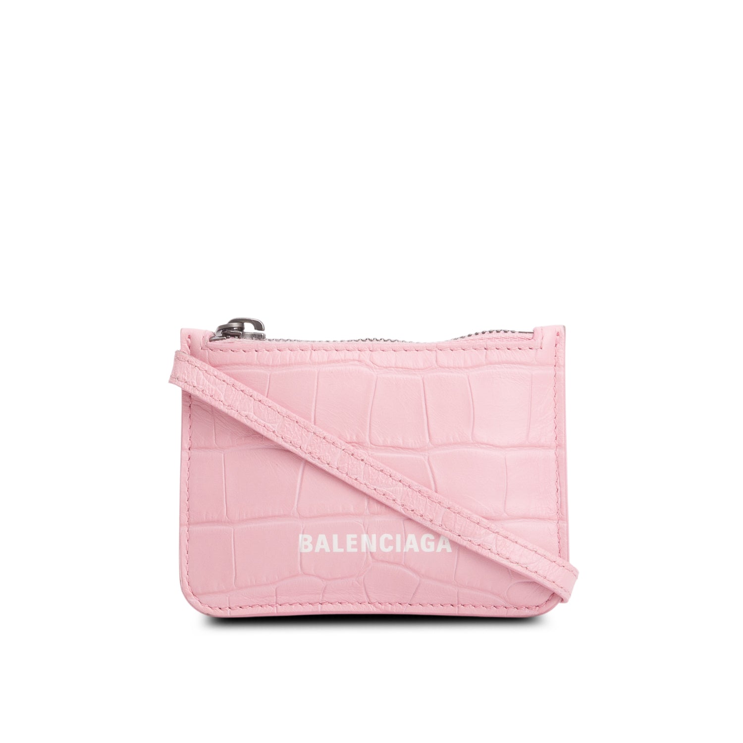 Balenciaga Pink Calfskin Logo Croc Embossed Cash Long Coin Card Holder