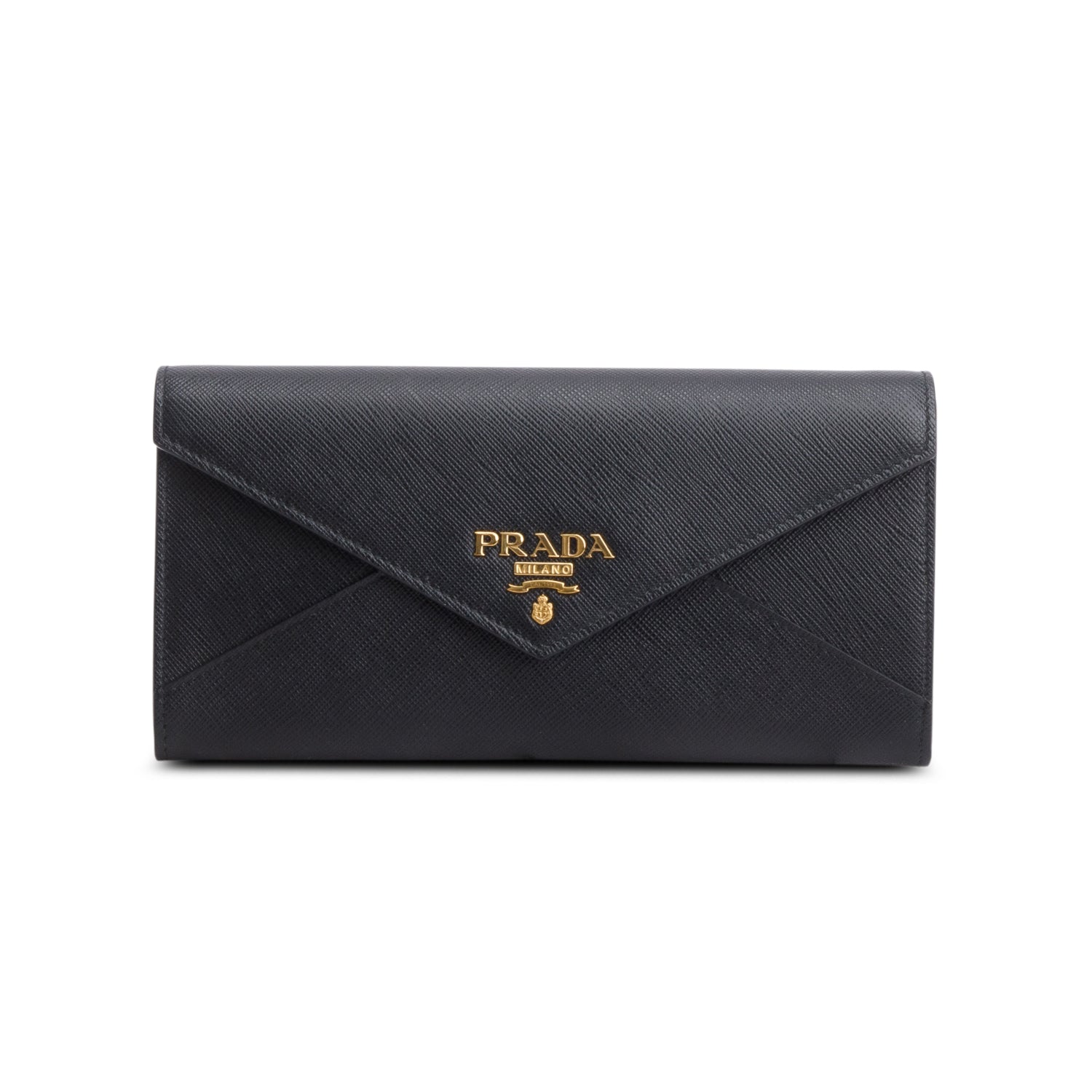 Prada 2021 Black Saffiano Cuir Calfskin Envelope Wallet on Chain w/ Box, Authenticity Card & Straps