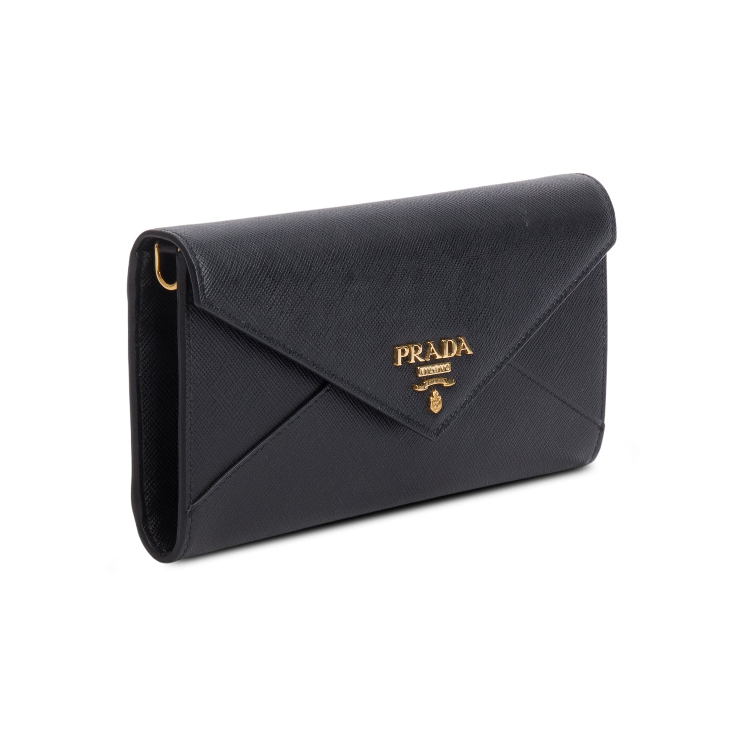 Prada 2021 Black Saffiano Cuir Calfskin Envelope Wallet on Chain w/ Box, Authenticity Card & Straps