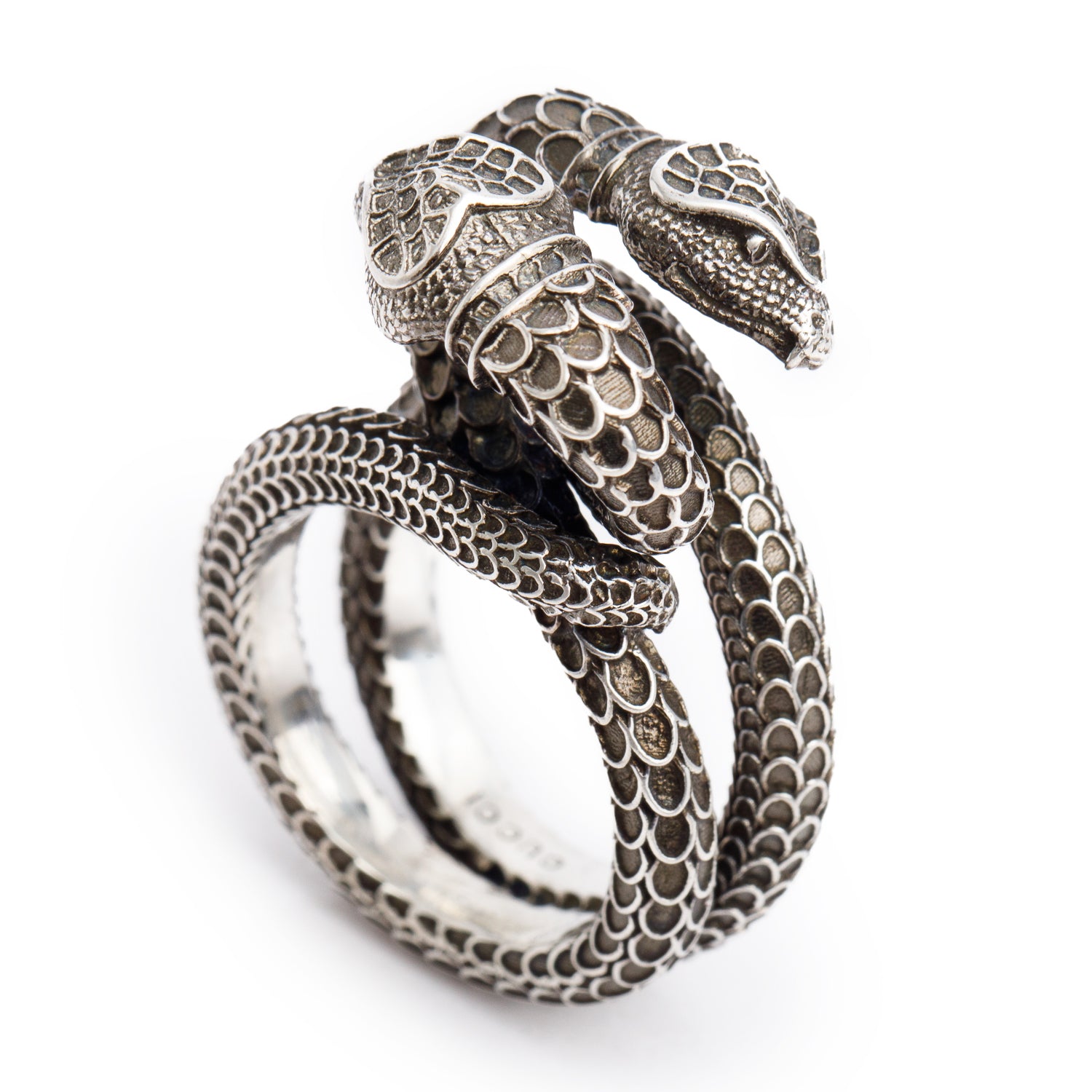 Gucci Sterling Silver Double Snake Head Ring, Size 17 8 w/ Box