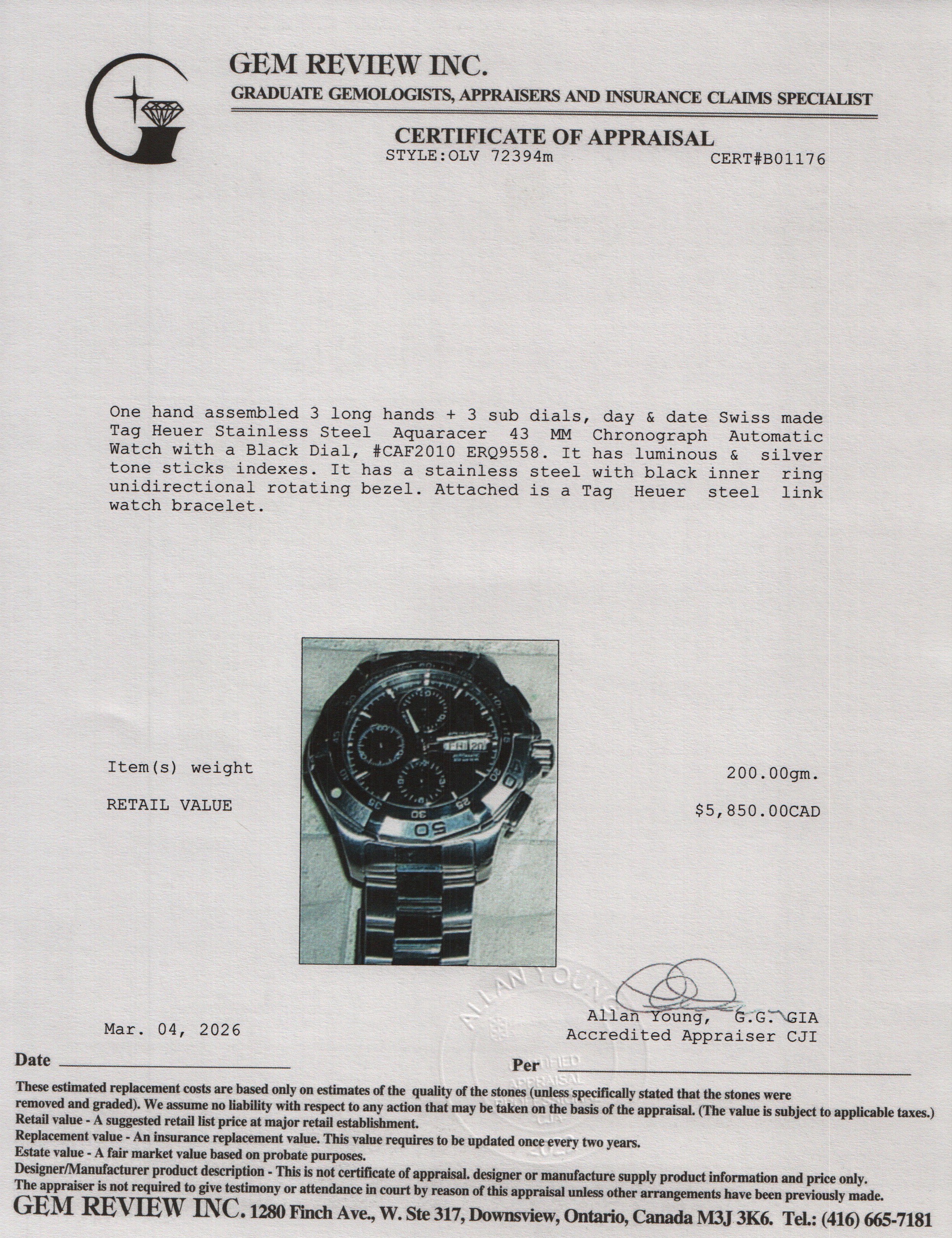 Tag Heuer Stainless Steel Aquaracer 43 MM Chronograph Automatic Watch Black Dial CAF2010 w/ Box & Papers