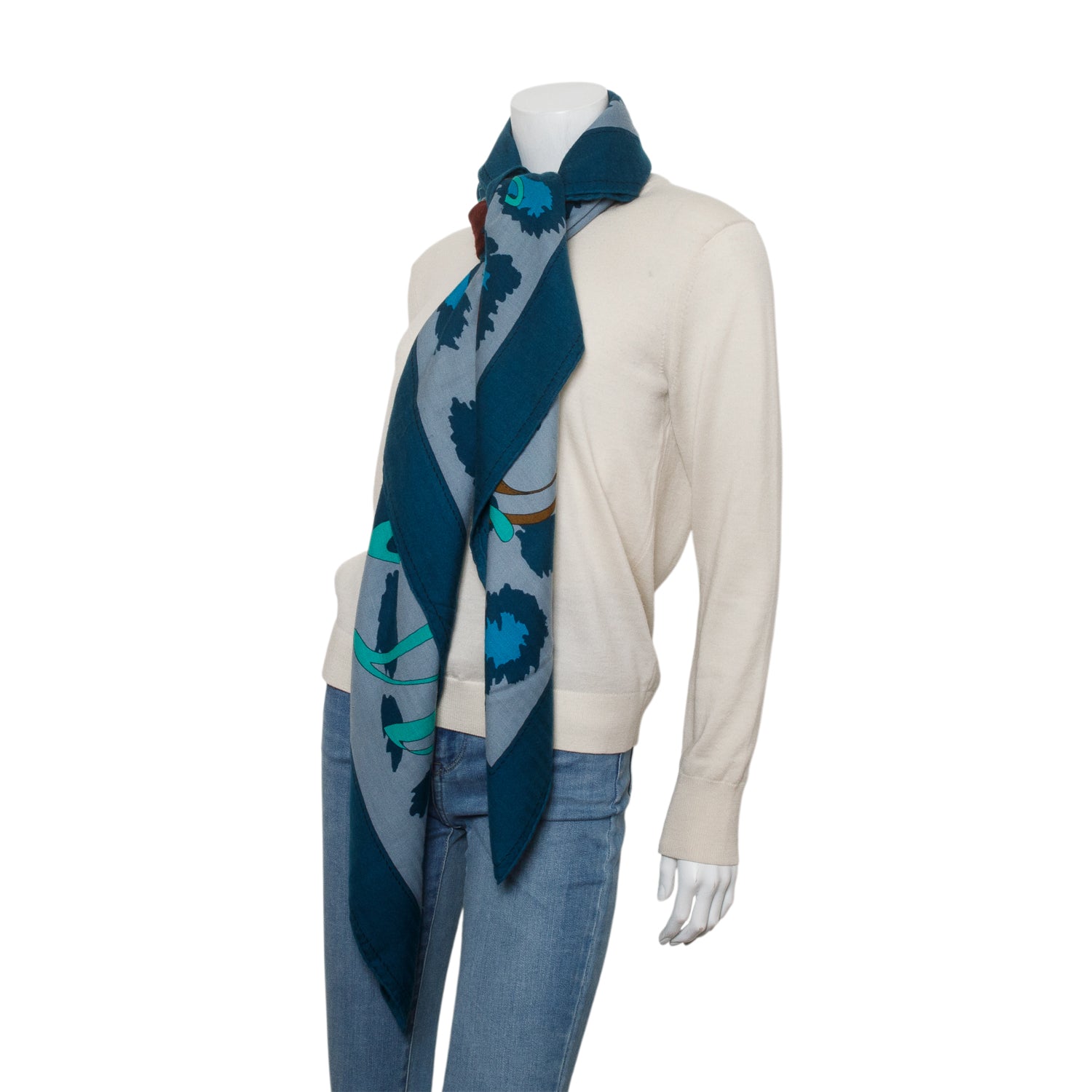 Hermes Blue & Multicolor 'Monsieur et Madame' Cashmere Silk Shawl 140 w/ Box