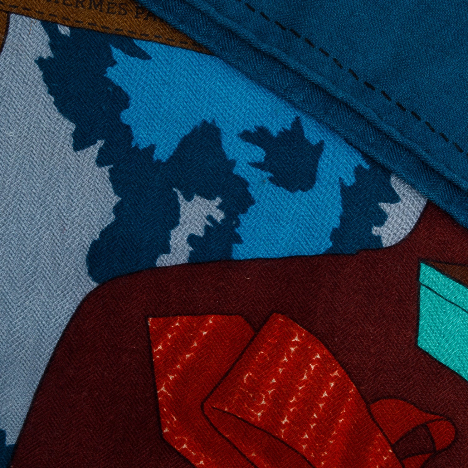 Hermes Blue & Multicolor 'Monsieur et Madame' Cashmere Silk Shawl 140 w/ Box