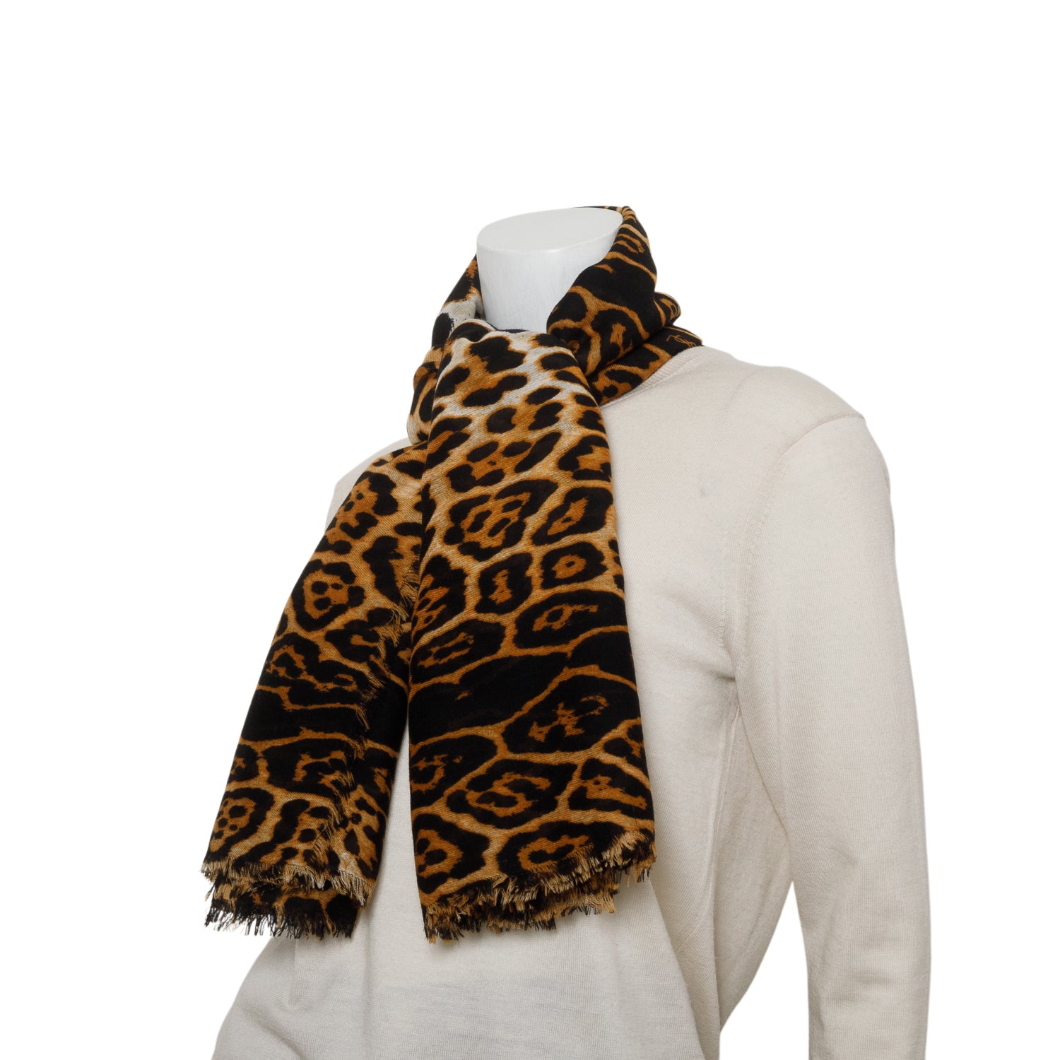 Saint Laurent Leopard Print Wool Cashmere Fringe Shawl w/ Box