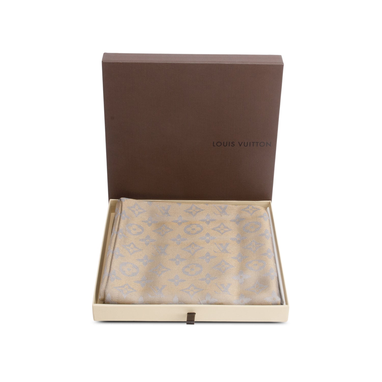 Louis Vuitton Grey Gold Monogram Silk Wool Shine Shawl w/ Box