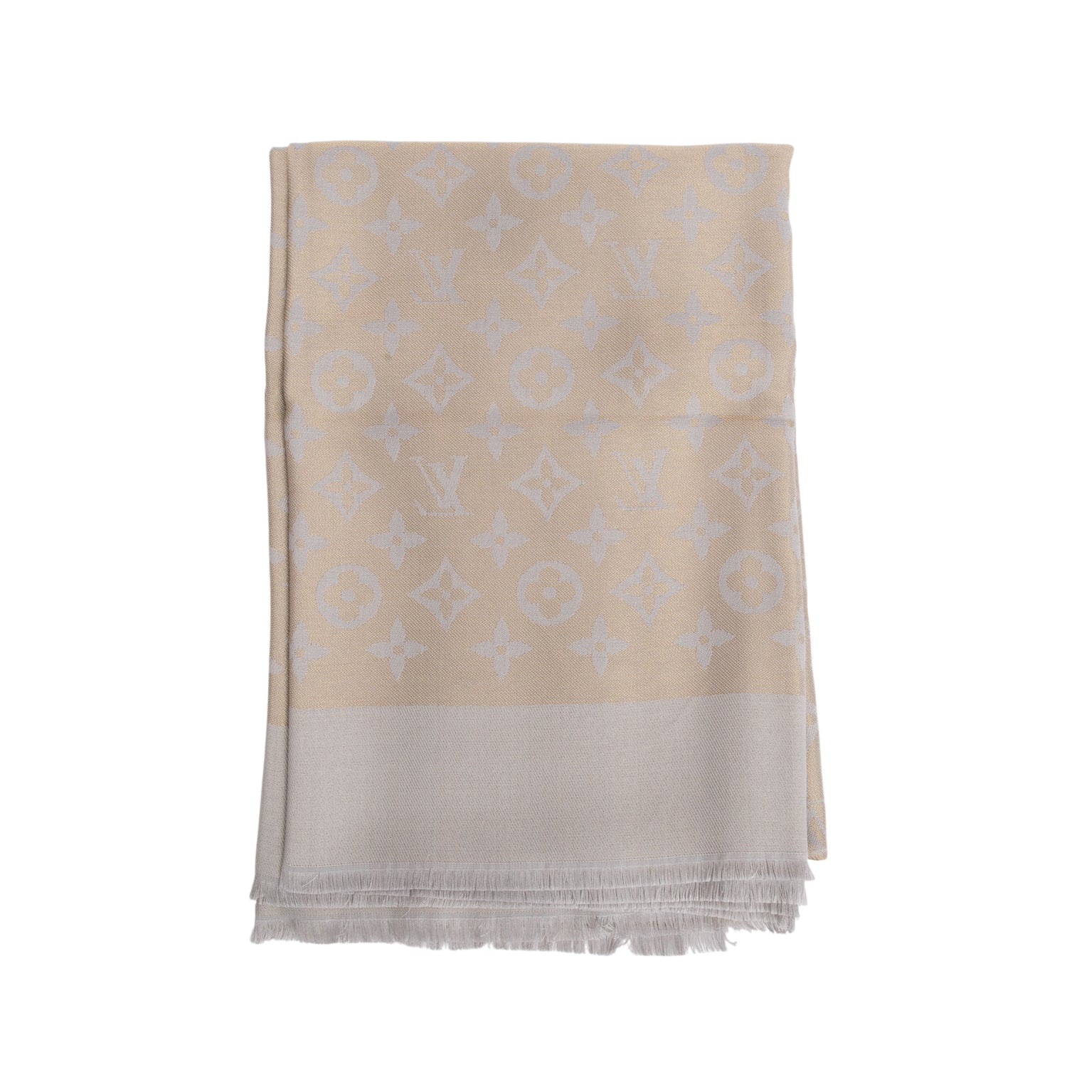 Louis Vuitton Grey Gold Monogram Silk Wool Shine Shawl w/ Box