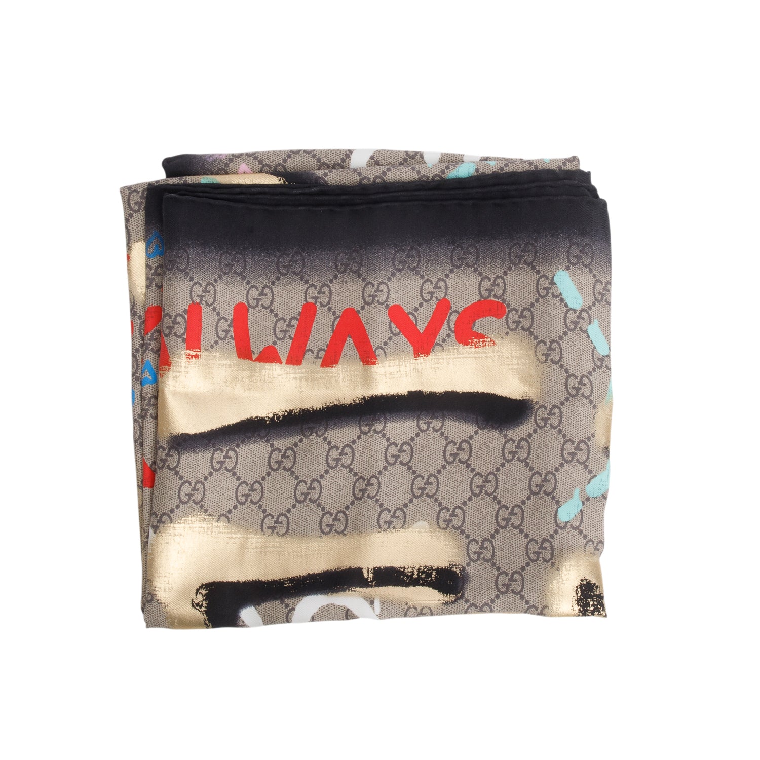 Gucci Multicolor Silk Twill GG Monogram 'Life is Gucci' Square Scarf