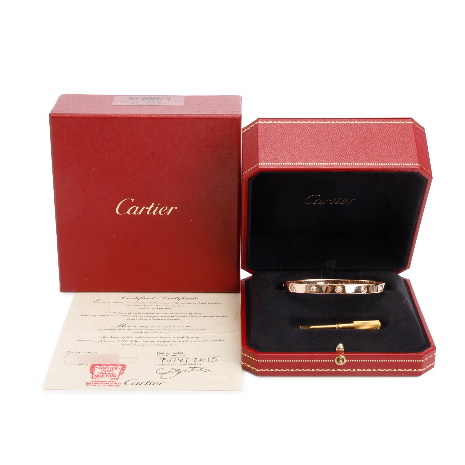 Cartier 18k Rose Gold 10 Diamond Love Bracelet, Size 19 w/ Box, Receipt & Certificate