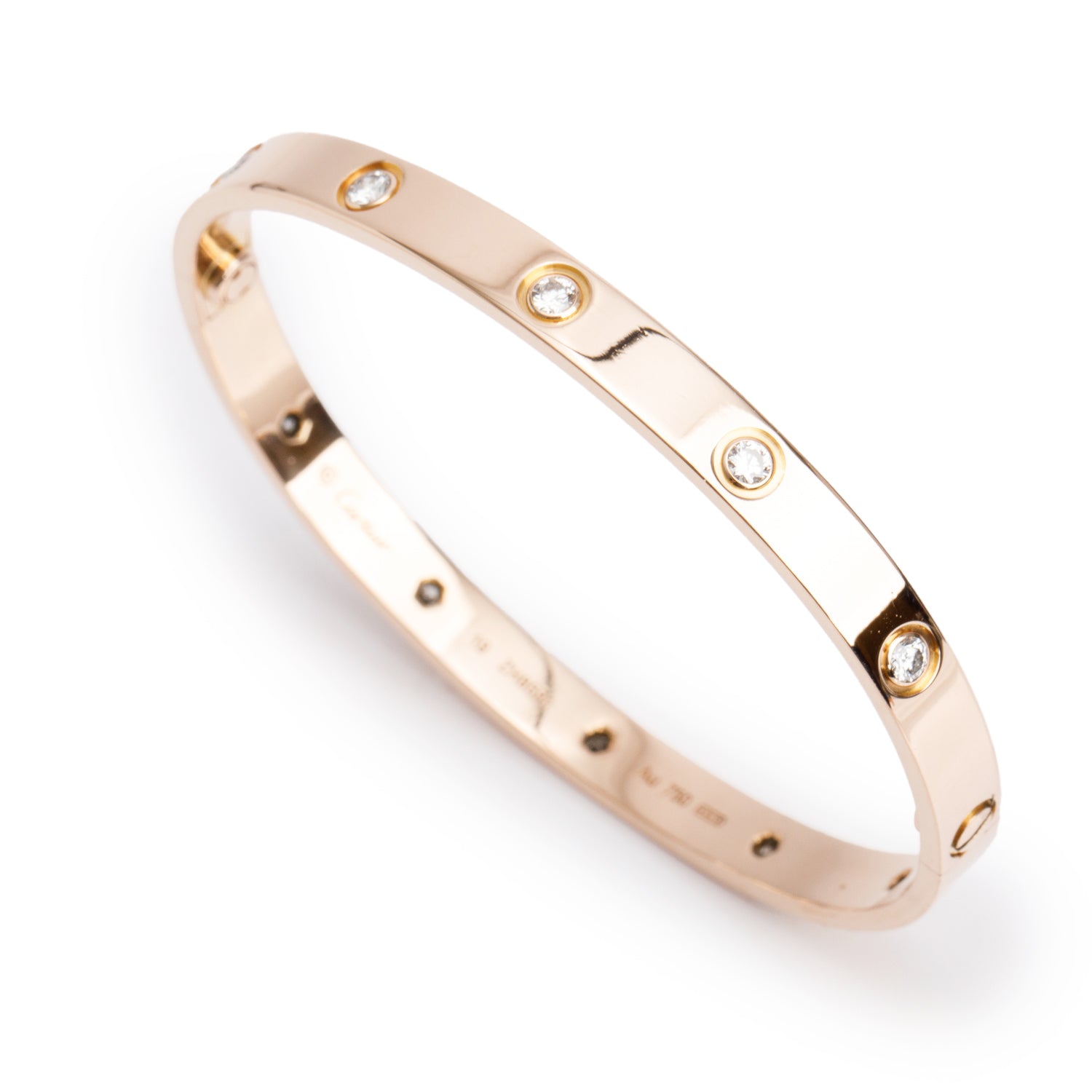 Cartier 18k Rose Gold 10 Diamond Love Bracelet, Size 19 w/ Box, Receipt & Certificate