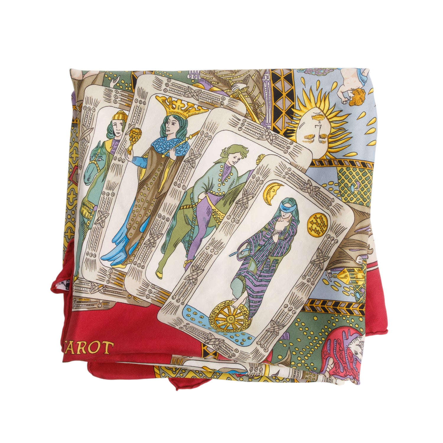 Hermes Red & Multicolor 'Le Tarot' Silk Scarf 90