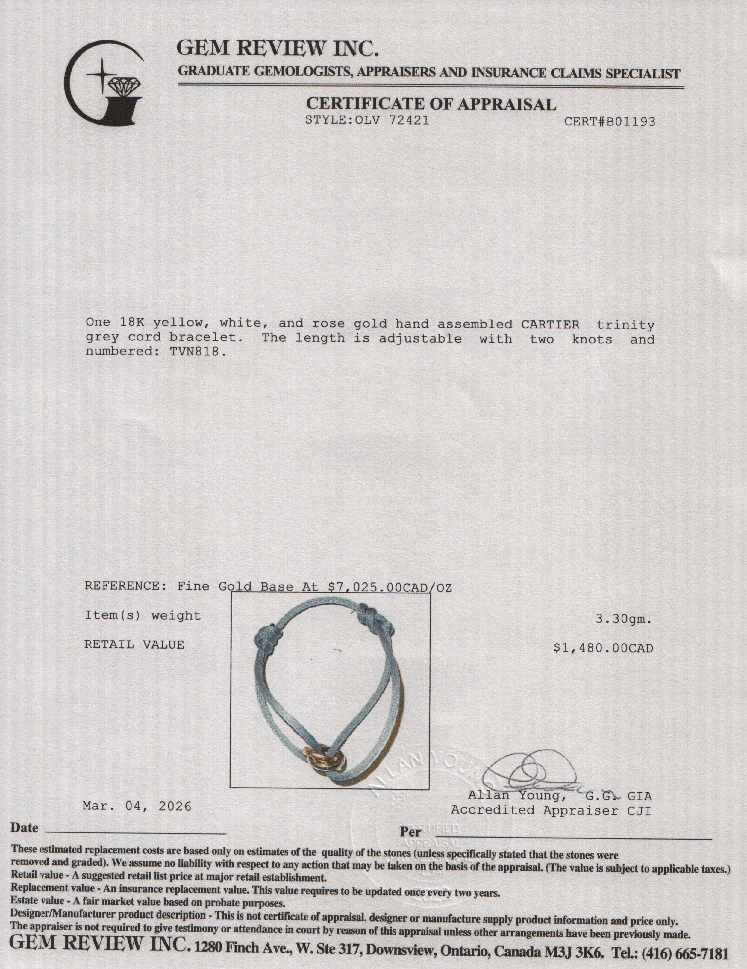 Cartier 2023 18k White, Yellow & Rose Gold Trinity Grey Cord Bracelet w/ Box & Certificate