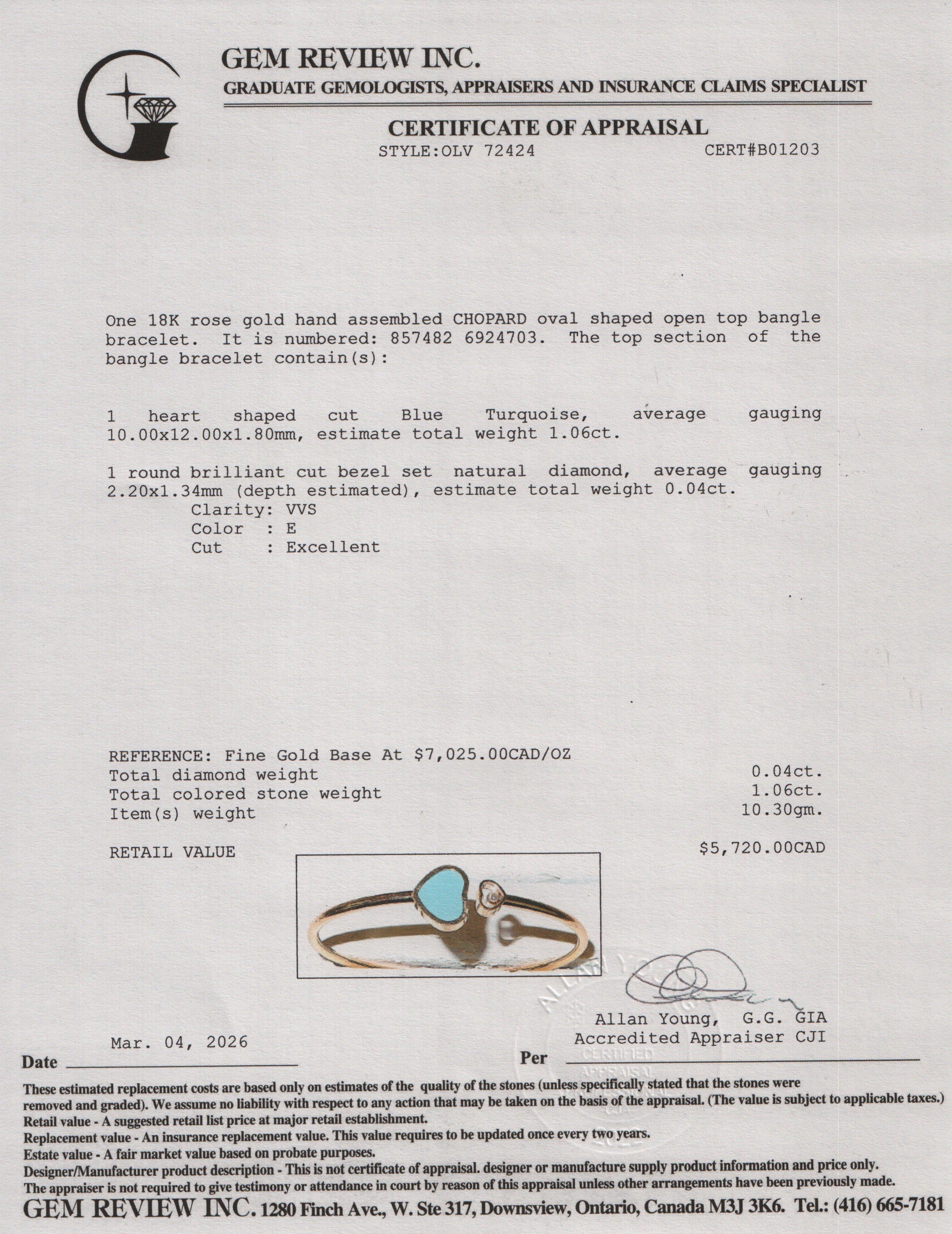 Chopard 18k Rose Gold Diamond & Turquoise Happy Hearts Bangle